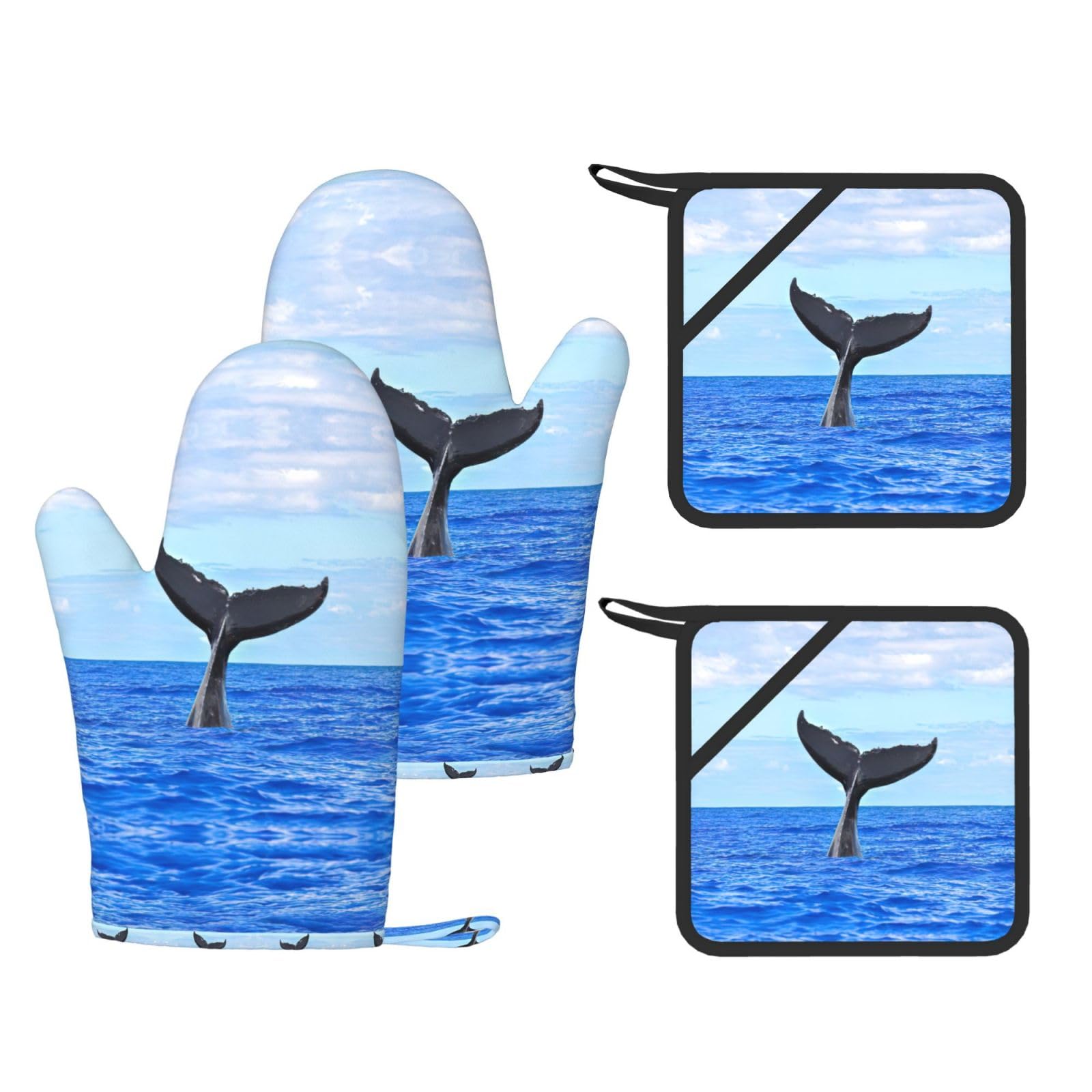 Whale Tail Printed Potholder and Oven Mitt Set of 4, High Heat Resistant Cooking Gloves for BBQ Grilling