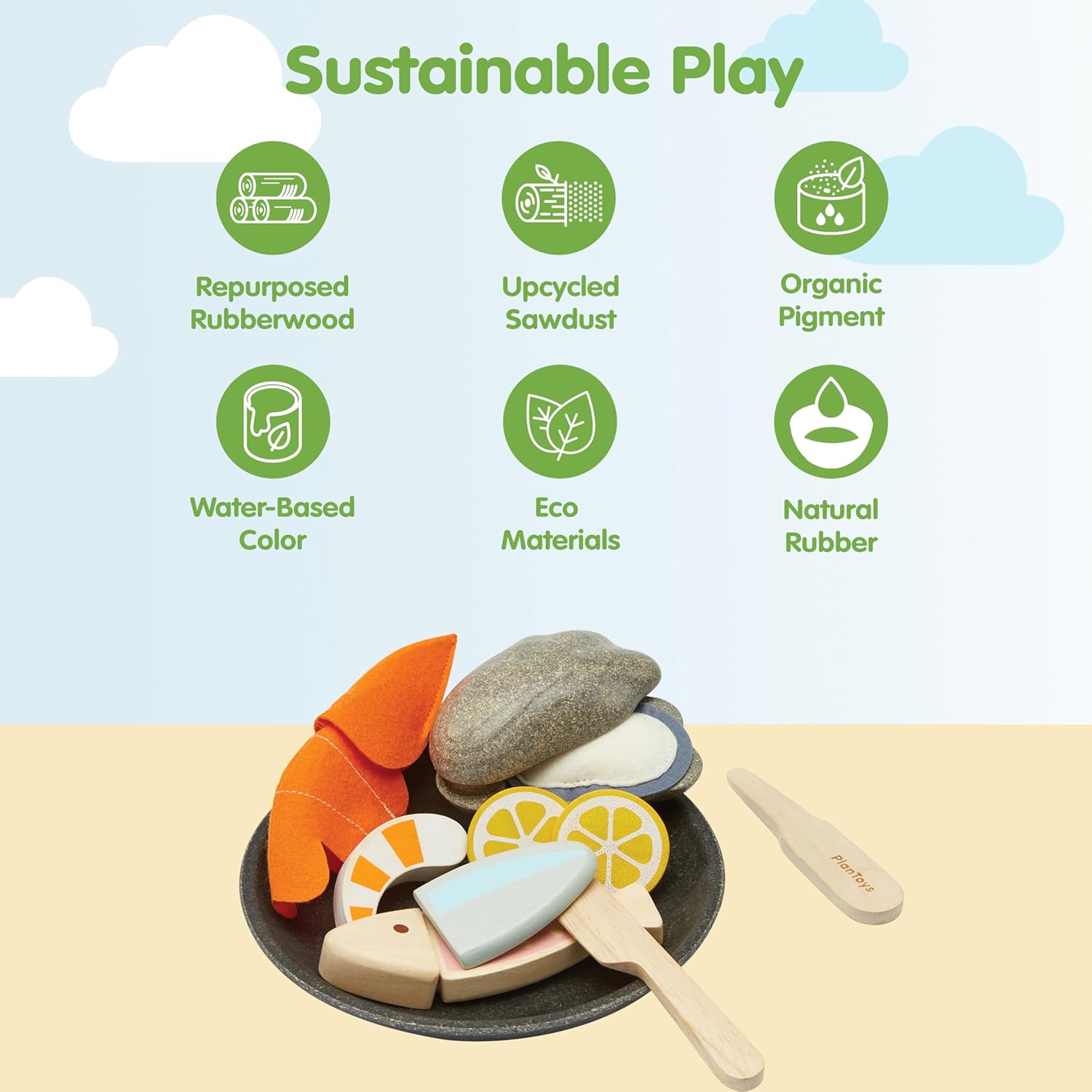 PlanToys® Wooden Pretend Play Seafood Platter Food Toy for Kids | Includes Fish image 3