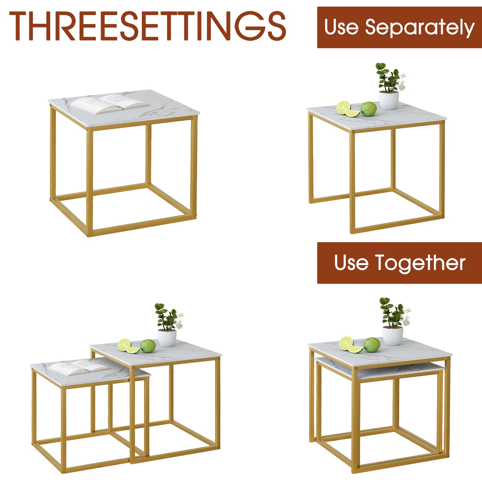 Juego de 2 mesas auxiliares, mesa anidable de madera de ingeniería moderna, juego de mesa central cuadrada con marco de metal, mesas auxiliares, mesa auxiliar anidable para sala de estar 9