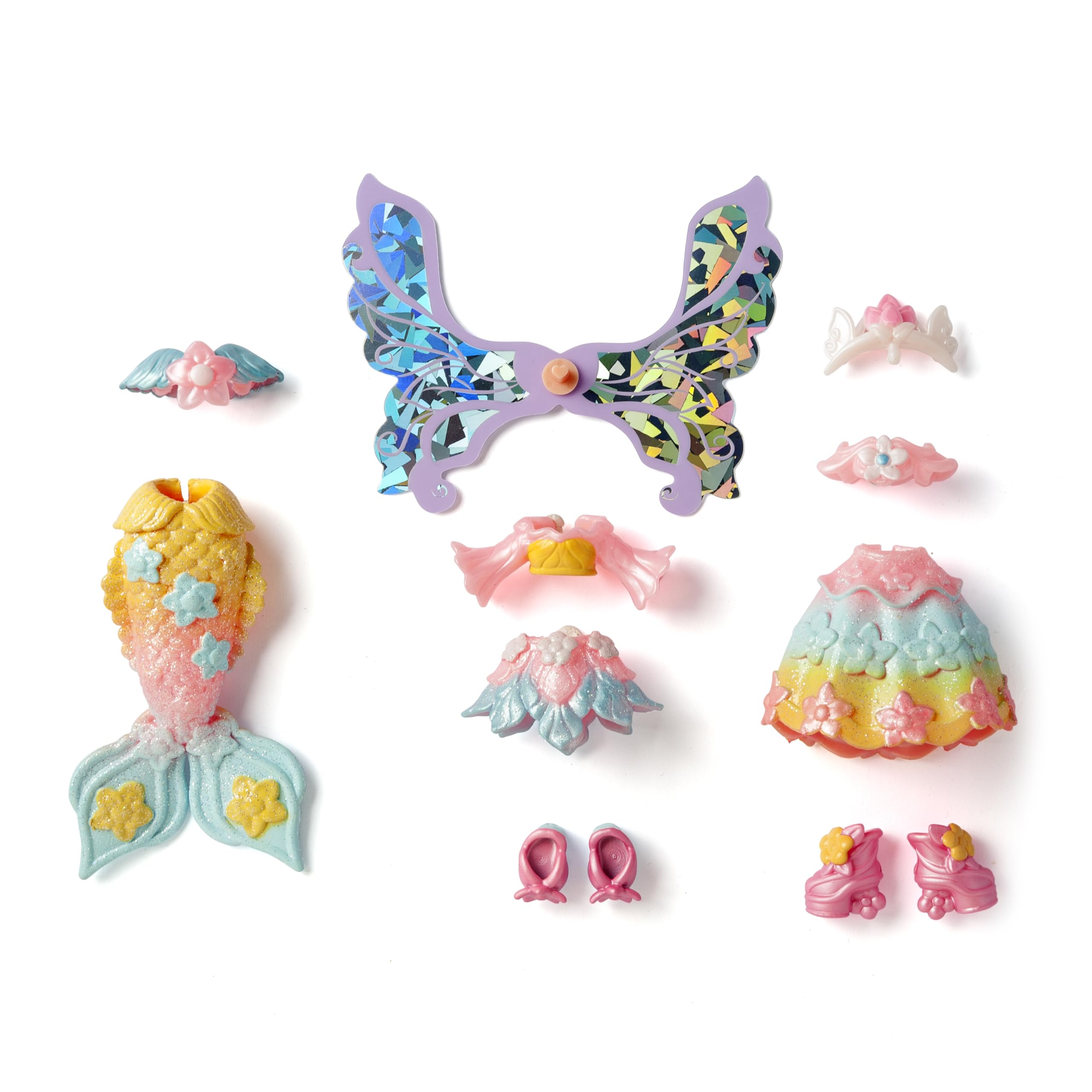 KOOKYLOOS Fairytale Mix & Match Rainbow – lalka fantasy 3 w 1, zawiera 1 lalkę, 1 kostium księżniczki, 1 strój syrenki i 1 strój wróżki