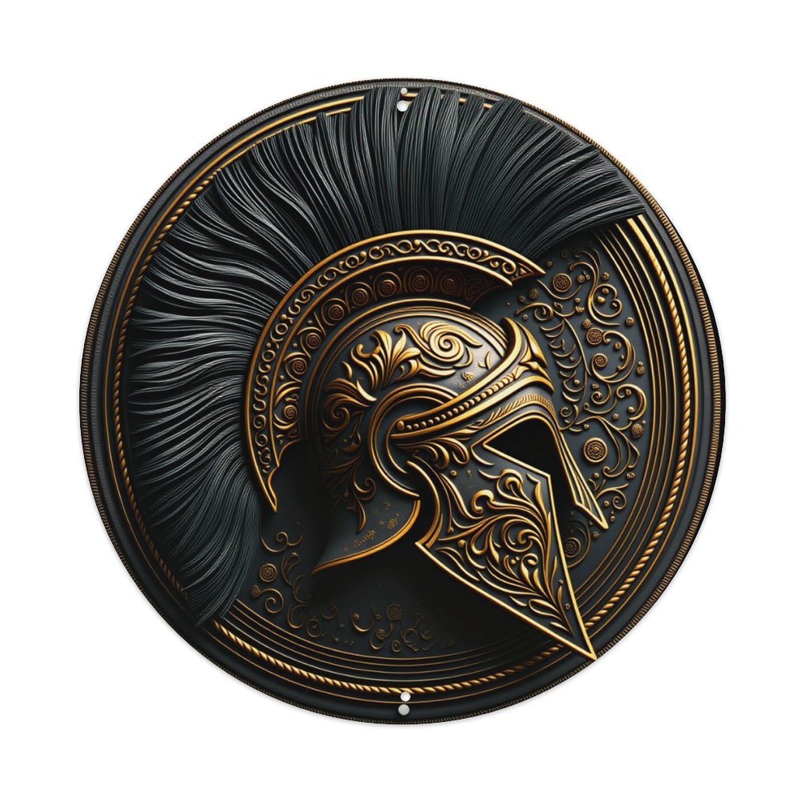 Golden Helmet Ornate Design Black Background Round Tin Sign Vintage Style Metal Sign Home Bar Garden Wall Plaque Decor Metal Poster 8x8 Inch