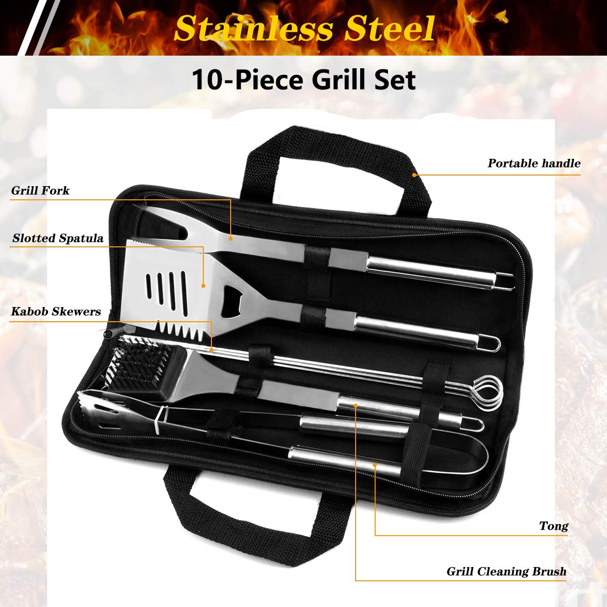 QH 10 Pack BBQ Barbecue Tool Set, Stainless Steel Outdoor Barbecue Grill Utensils Set with Storage Bags for Picnics and Outdoor Activities…