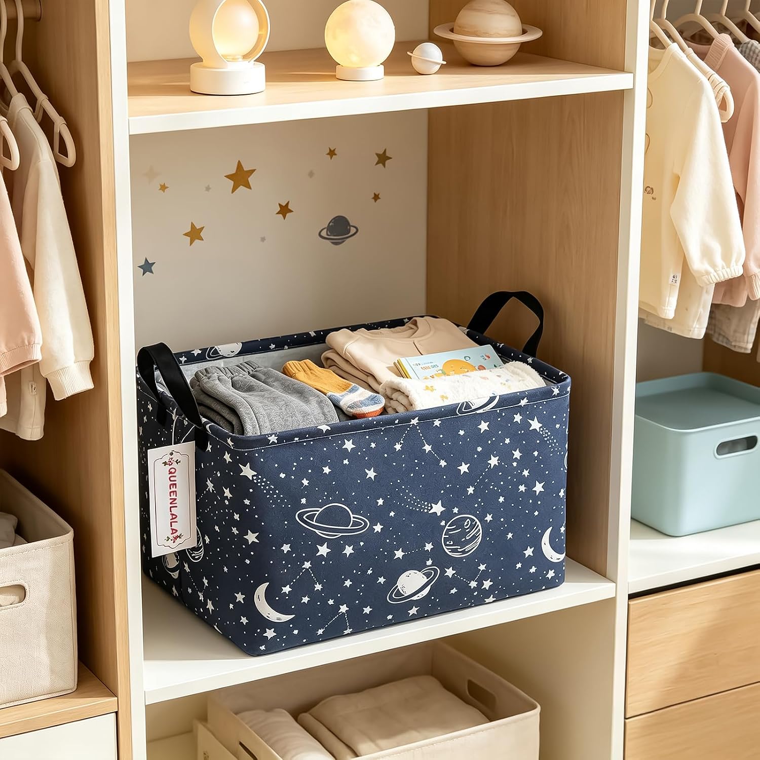 Rectangular Collapsible Laundry Basket with Side Handles, Blue Starry Sky image 5