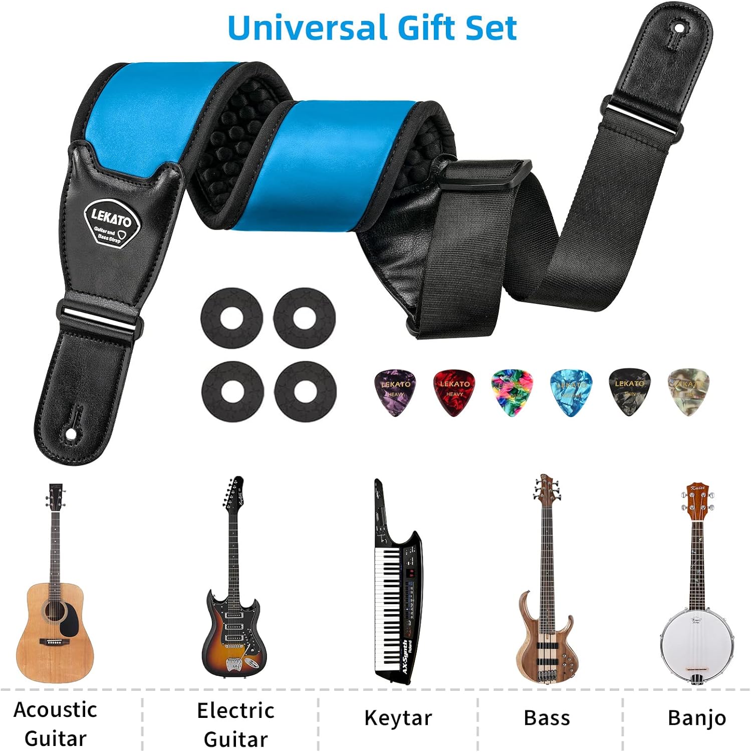 LEKATO Guitar Straps for Electric Guitar Bass, 3.5" Wide Padded Guitar Strap Neoprene Pad with 3D Sponge Filling Bass Guitar Straps Adjustable Length from 45" to 55" with Strap Locks, Picks, Blue