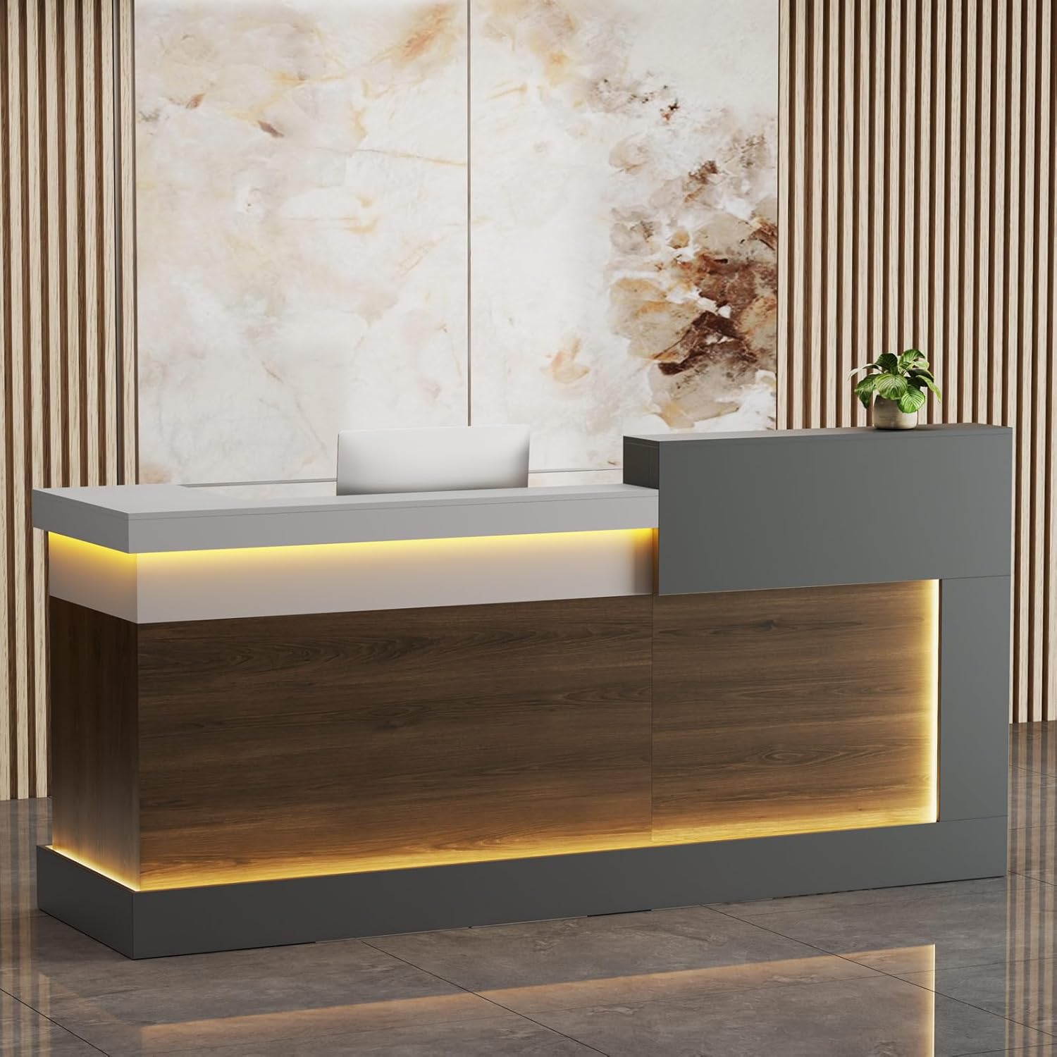 86.6“L-Shaped Reception Desk with Counter,Modern Reception Desk,Front Counter Table with Adjustable File Cabinet & Keyboard Tray,for Office, Hotel,Financia/Law Firms (Brown+Gray+White)