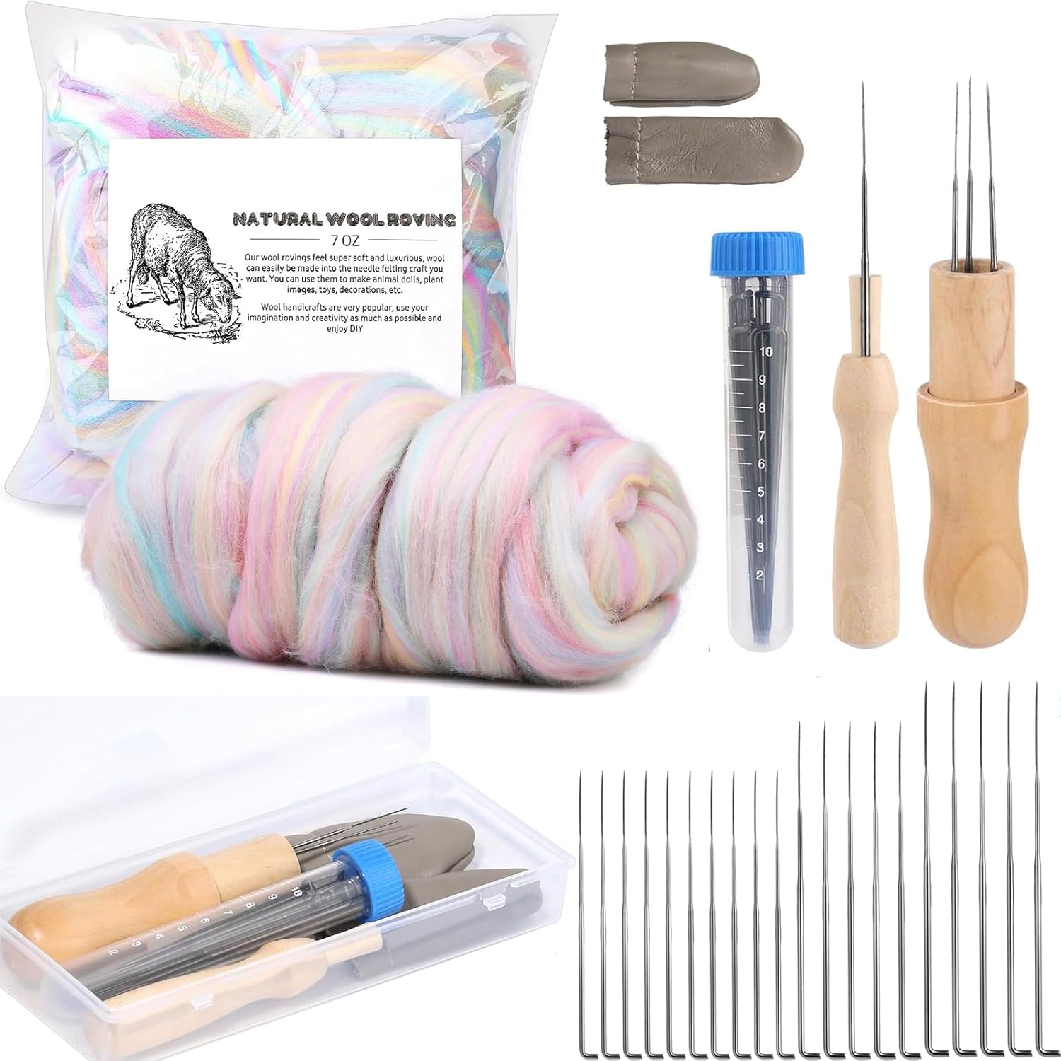 Needle Felting Kit with 7.02oz Wool Roving Yarn, 4 Sizes Felting Needles, Felting Tool Holders, Needle Felting Wool, Wool Felting Supplies, Complete Needle Felting Tools Kit