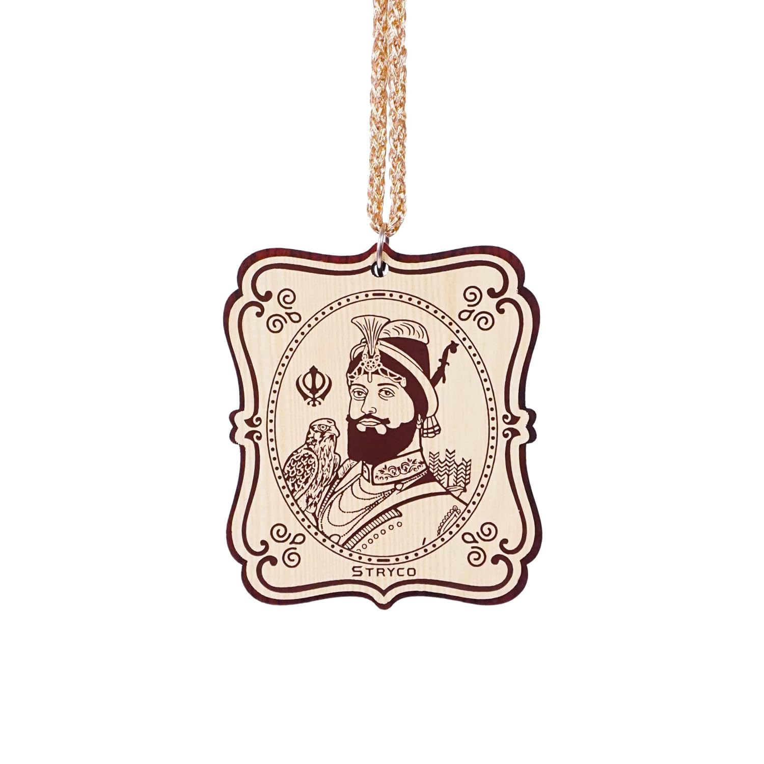 STRYCO GURU GOBIND JI WOODEN PHOTO | PUNJABI SIKH CAR HANGING ORNAMENT| DUAL SIDED CAR & HOME DECOR ACCESSORY | SPIRITUAL GIFT ITEM | TENTH SIKH GURU | 3×3.5Inches