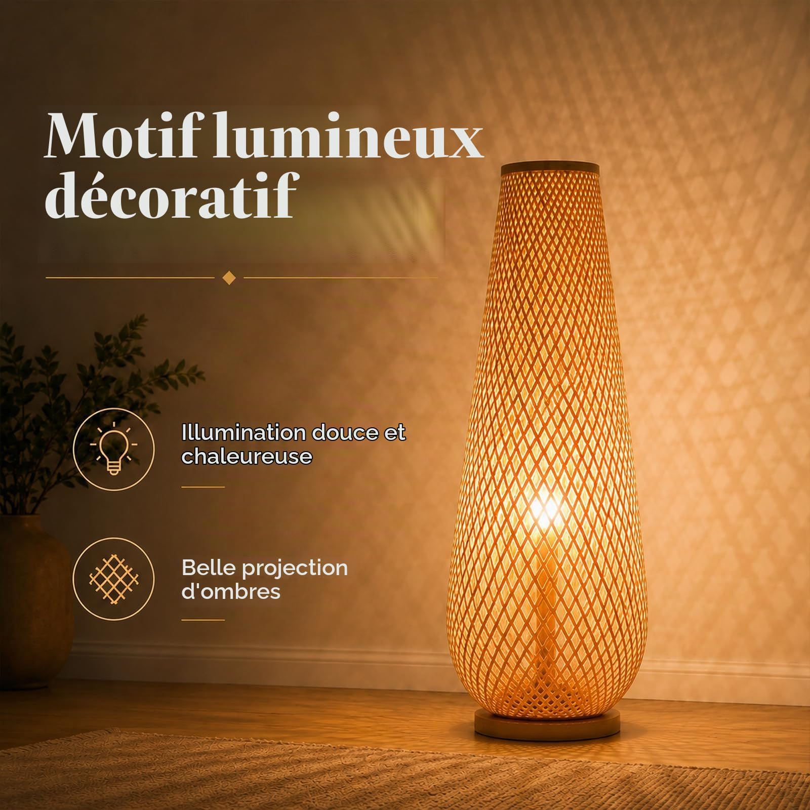 Lampe Sur Pied En Bambou Bohème-rustique, 93 CM, Rotin Et Osier, Inspirée Des Lanternes En Papier, Douille E27, 3 Températures, Socle En Bois, Pour Salon Ou Chambre (Ampoule Incluse)