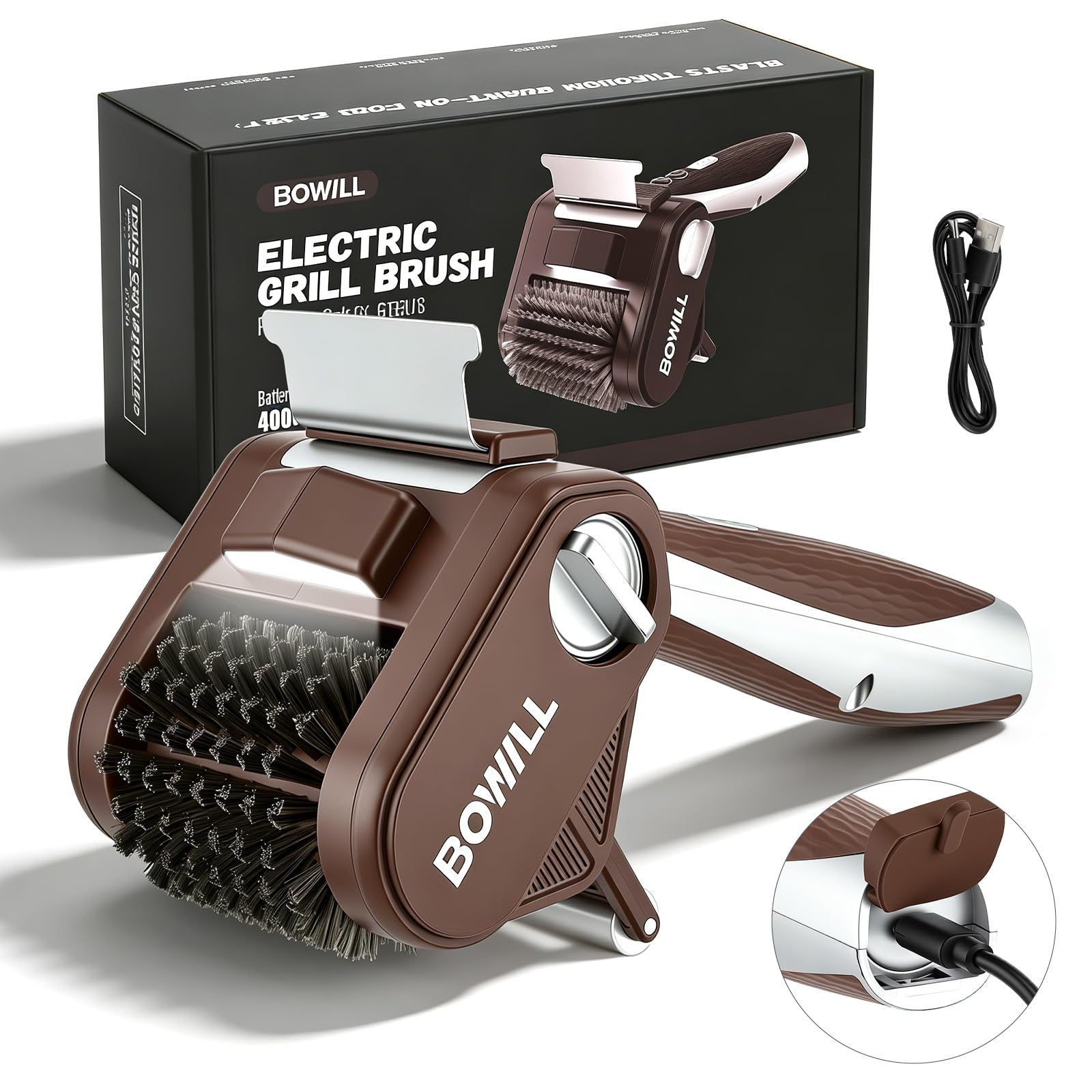Electric Grill Brush with LED Light, 304 Stainless Steel Grill Cleaner, Cordless BBQ Grill Cleaner, Detachable 450 RPM Stainless Roller, IPX6 Remove Stubborn Grease BBQ Accessories Kitchen Outdoor