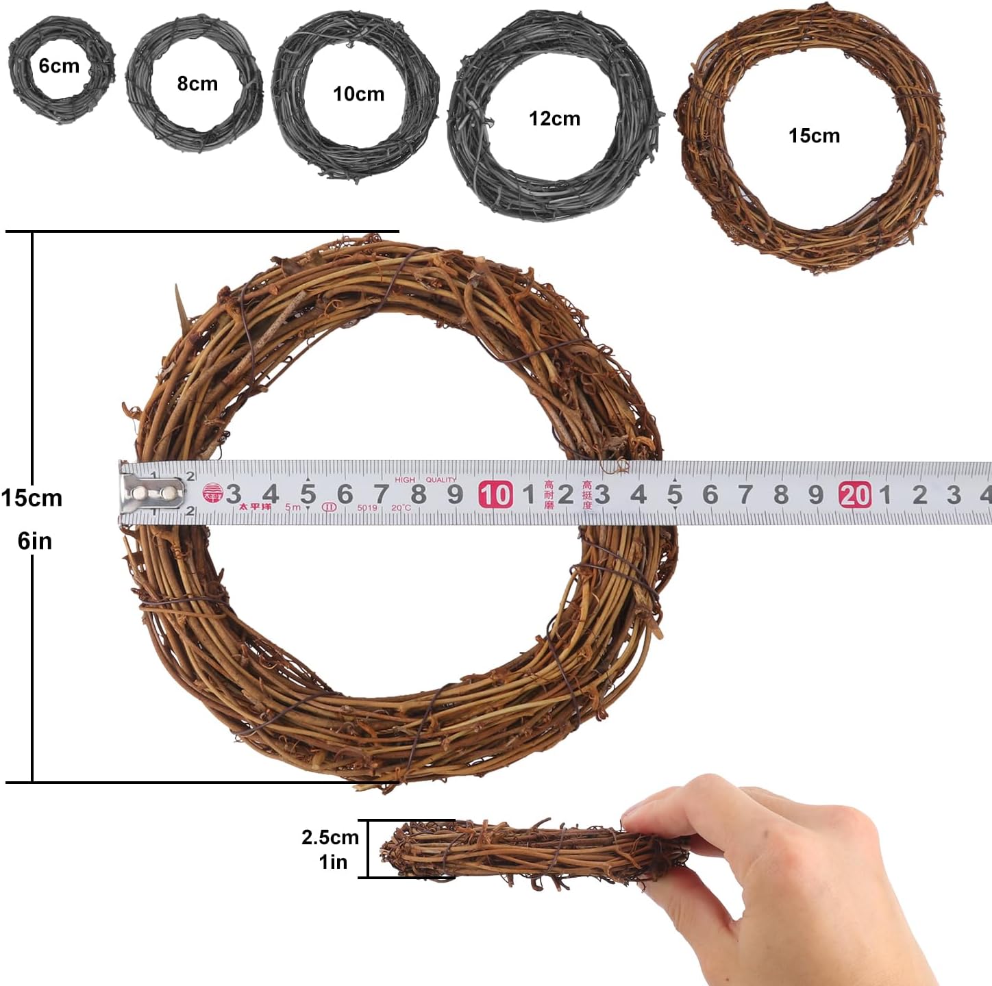 15 PCS Natural Grapevine Wreaths, 6 Inch Beautiful Vine Branch Wreath for DIY Crafts and Christmas Decorations, Ideal for Wedding Decor