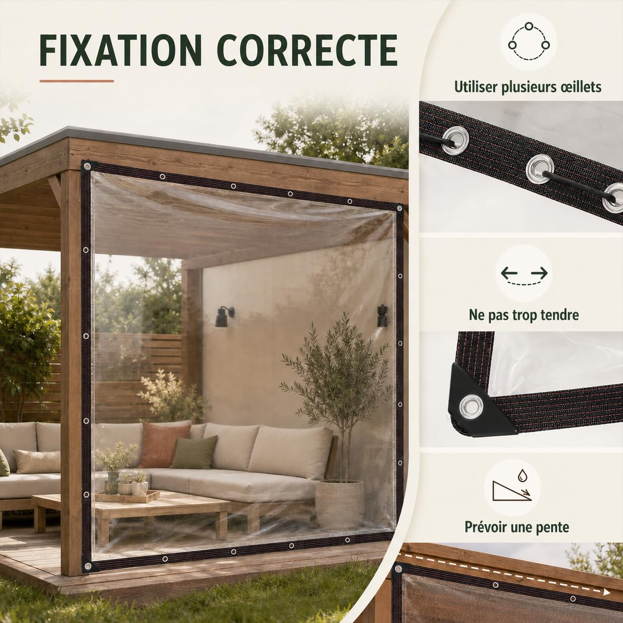 Bâche de Protection Extérieure Transparente avec Œillets 3x5m | 90 % transparente : la pluie reste dehors, tandis que terrasses, serres et mobilier restent lumineux et visibles.