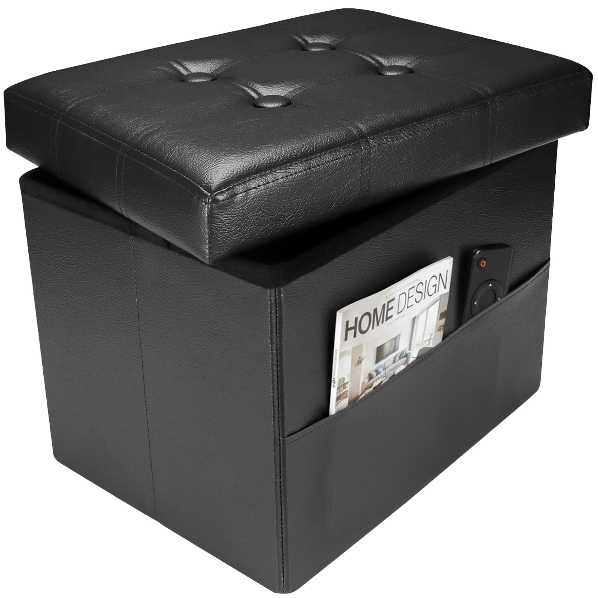 Ottoman with Storage Foot Stool - 17 Inches Folding Storage Ottomans, Leather Upholstered Ottoman Foot Rest with Side Pockets, Suitable for Living Room, Bedroom, Cafe