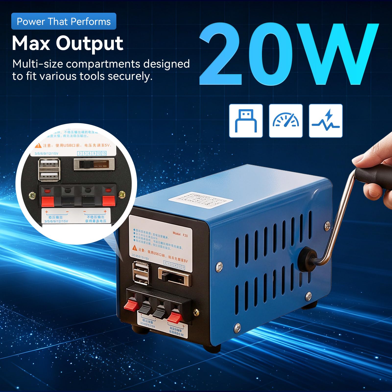 Generatore a manovella, generatore di ricarica portatile ad alta potenza da 20 W, inverter USB, dinamotore di emergenza con presa USB per attività di sopravvivenza in campeggio