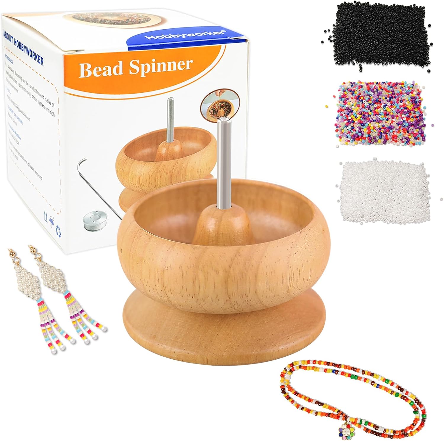 hobbyworker Upgrade Wooden Bead Spinner with 2 Pcs Big Needles,8000 Pcs Seed Beads and 1 Surprise Gift Pack for Jewelry Making Tools,Quickly Stringing Beads Tool, Manual Operated