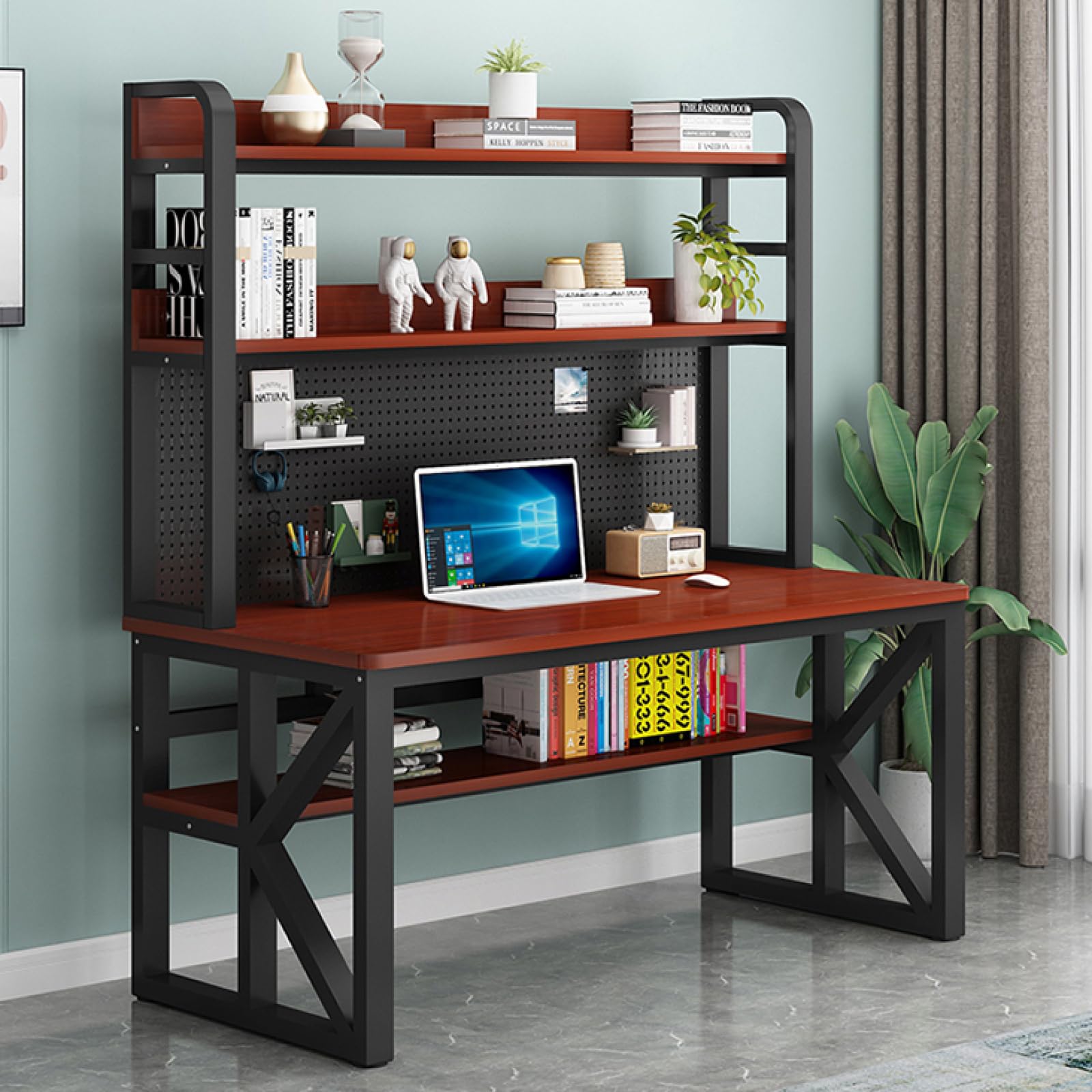 Wdsopk Teak+Black Modern Computer Desk With Storage Shelves & Pegboard For Home Office Large Study Writing Workstation Table For Students（-47Inch）