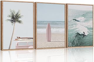 CHDITB Beach Framed Canvas Wall Art Set, Palm Tree Surfboard Seascape Wa...