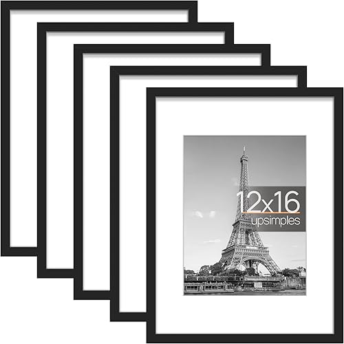 upsimples 12x16 Picture Frame Set of 5, Display Pictures 8.5x11 with Mat or 12x16 Without Mat, Wall Gallery Photo Frames, Black