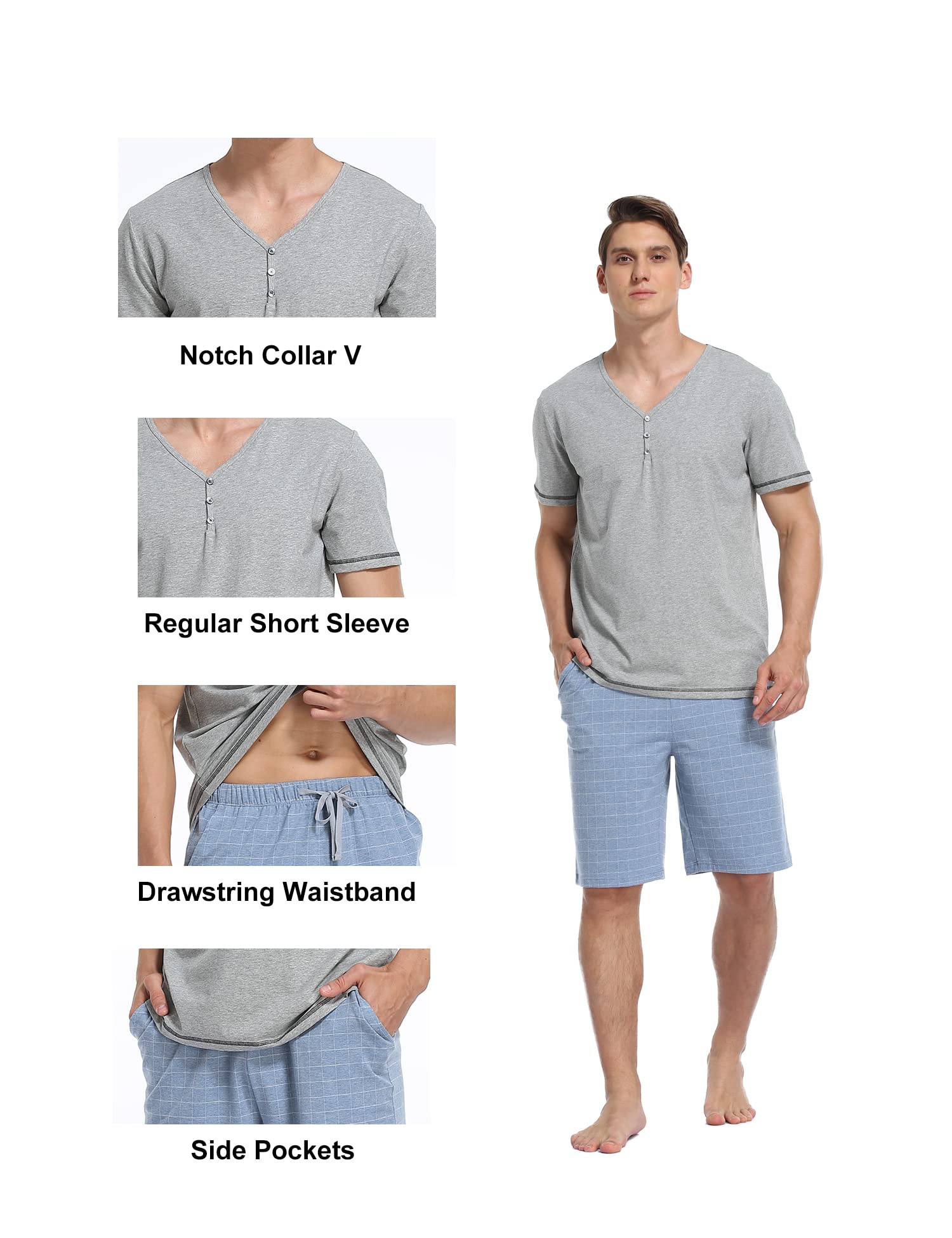 COLORFULLEAF Herren-Pyjama-Set, 100 % Baumwolle, kurzärmelig, Knopfleiste, gekerbter Kragen, Nachtwäsche, weicher Lounge-Pyjama mit Taschen