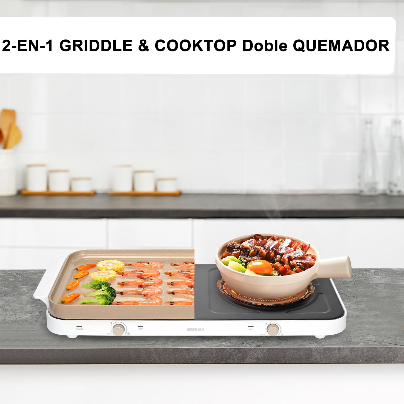 AEWHALE Cocina Eléctrica Portátil doble 2000 W,15.24 Cm de Diámetro, con Una Placa de Cerámica Antiadherente Extraíble y 5 Niveles de Regulación de Temperatura