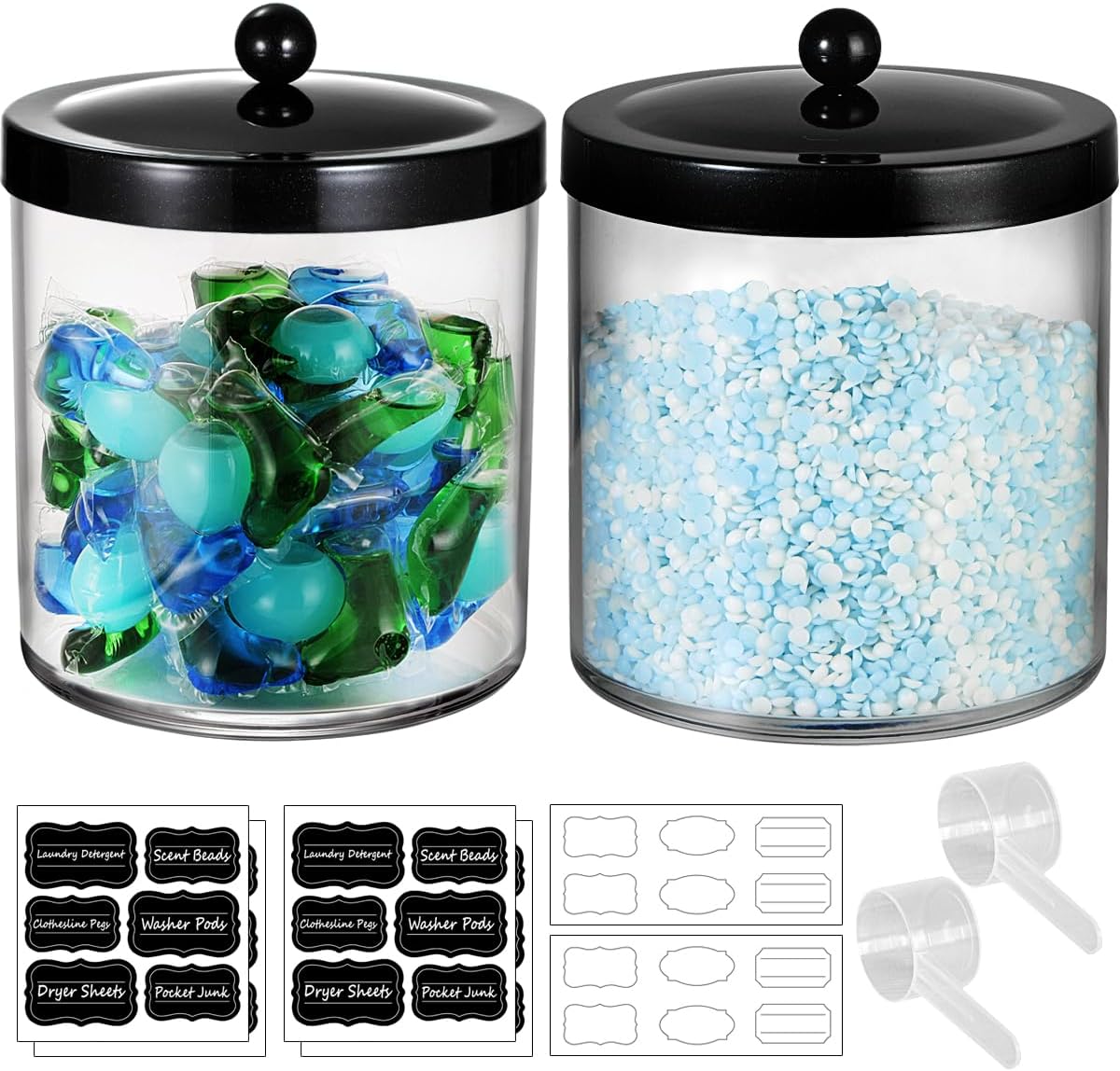2 Pack 50 Oz Large Apothecary Jar with Lid, SheeChung Plastic Storage Jar for Laundry Bathroom Vanity, Laundry Pods Bath Bombs Snacks Home Storage Canister Jar with Label Measuring Spoon(Black)