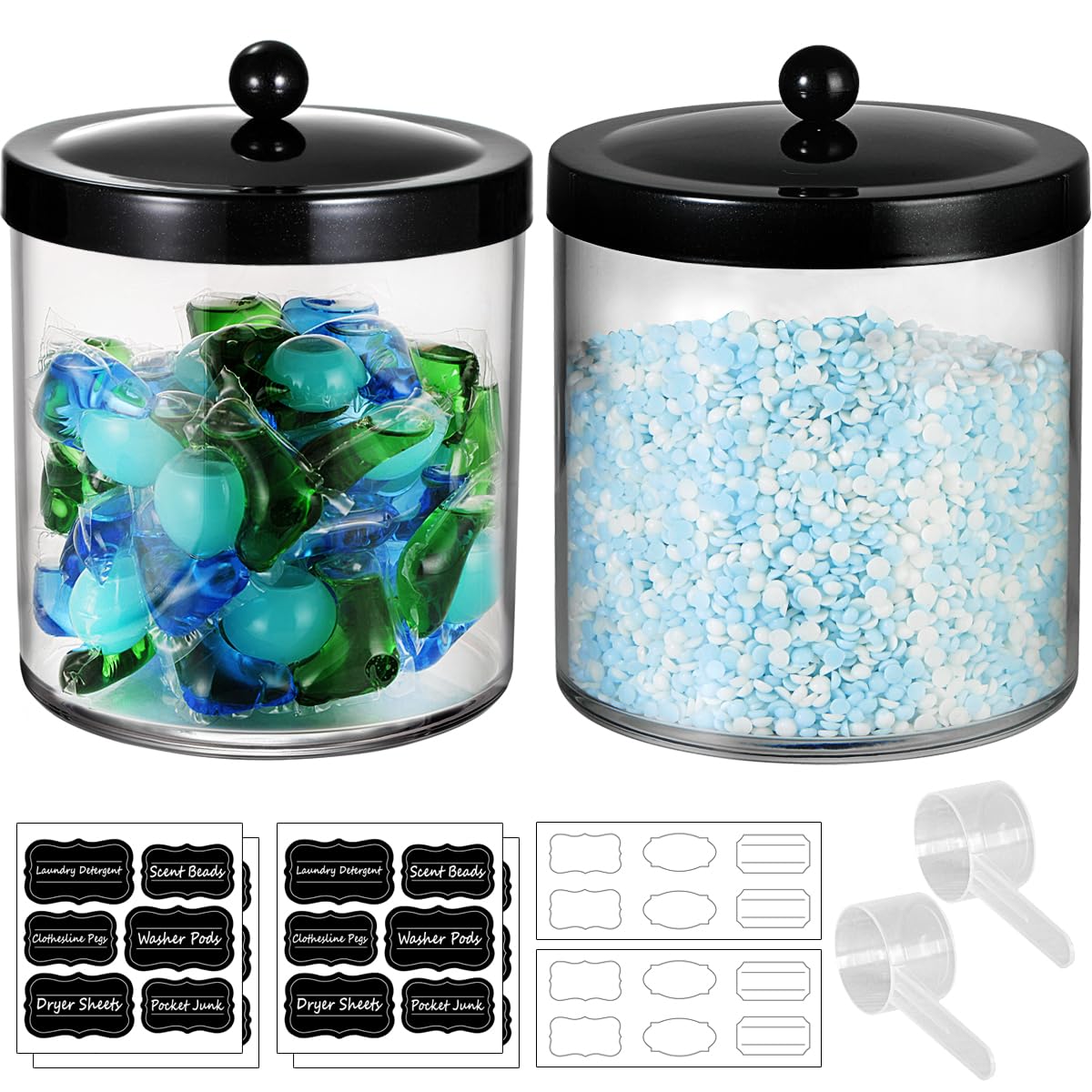 2 Pack 50 Oz Large Apothecary Jar with Lid, SheeChung Plastic Storage Jar for Laundry Bathroom Vanity, Laundry Pods Bath Bombs Snacks Home Storage Canister Jar with Label Measuring Spoon(Black)