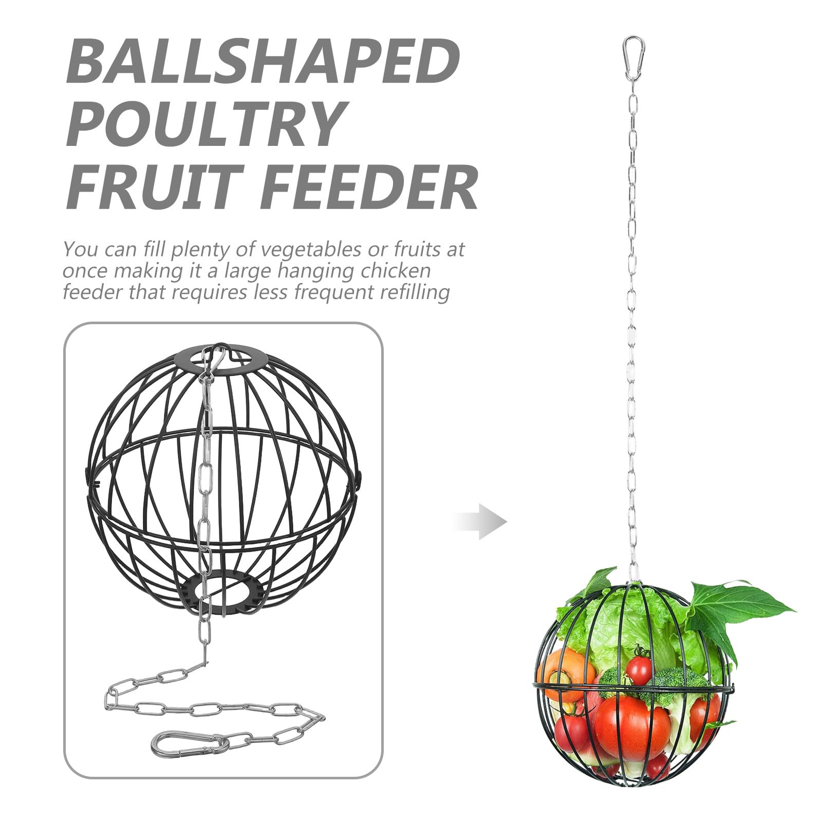 KICHOUSE Mangiatoia sospesa per polli, grande cestino per verdure e frutta per pollame da 7,5 pollici con catena per appenderla, palline di verdure per combattere la noia di polli, galline, anatre e