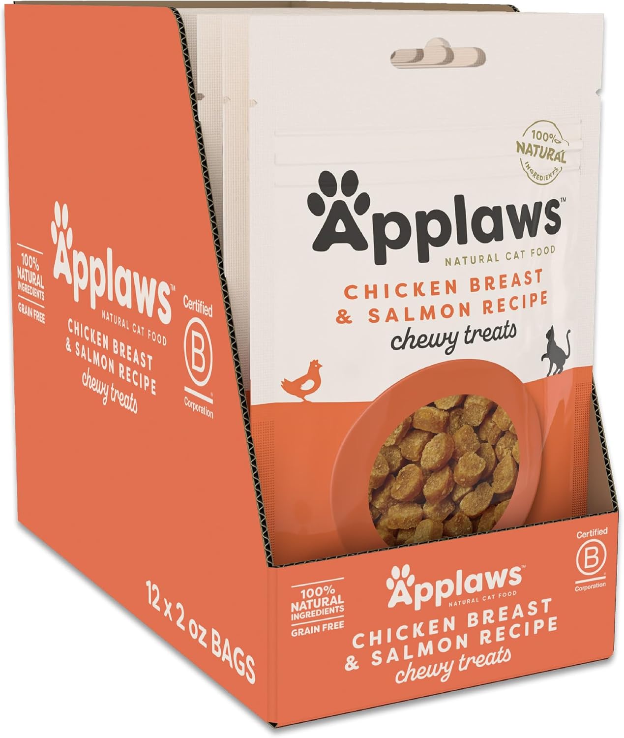 Applaws Natural Chewy Cat Treats, Grain-Free, High Protein, Limited Ingredients, No Artificial Additives or Fillers, Healthy & Nutritious Snack for Cats, Chicken & Salmon (12 x 2.0oz Bags)