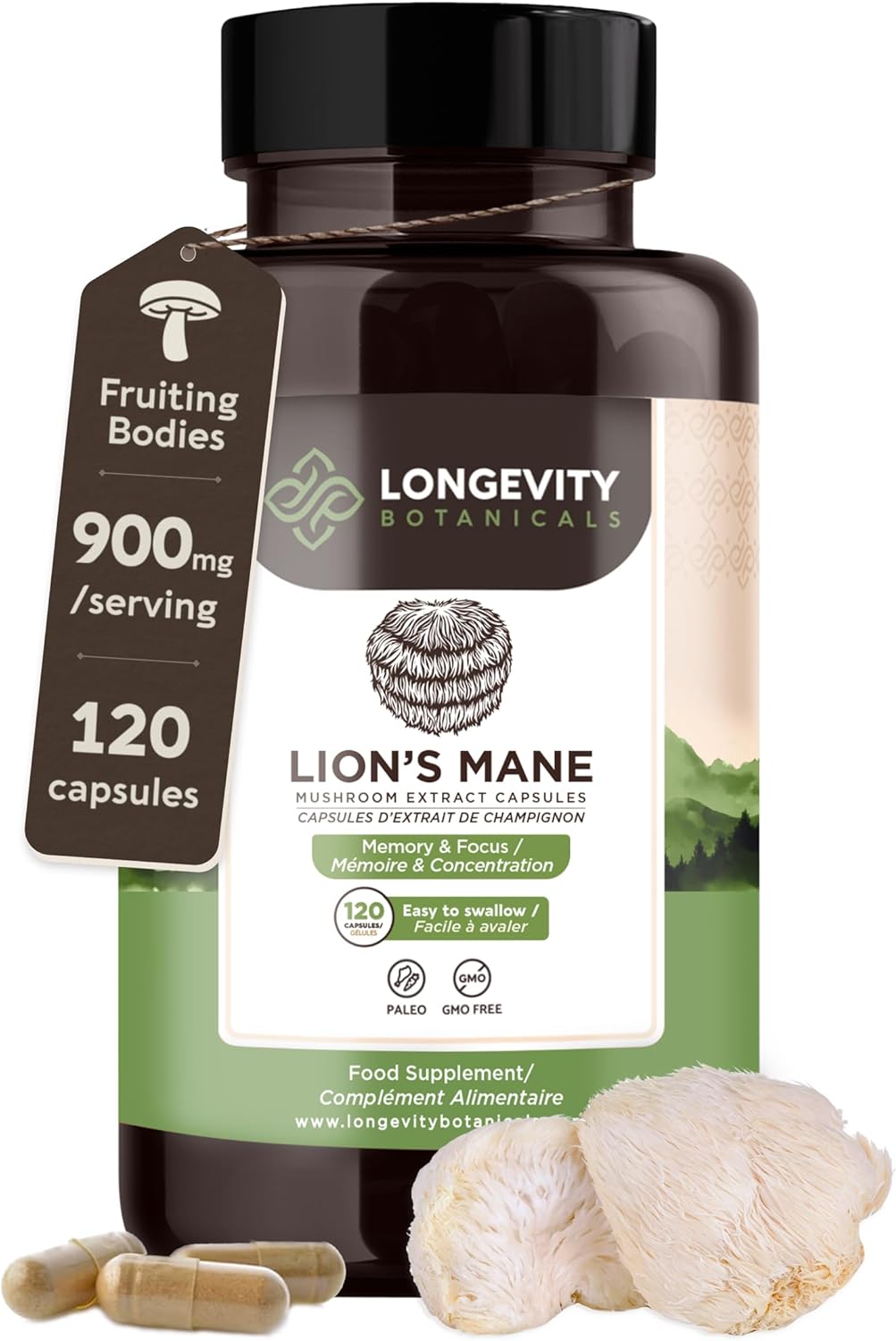 Longevity Botanicals Lion’s Mane Mushroom Extract Capsules (120) | Concentrated 8:1 Ratio | 100% Fruiting Bodies | Hericium Erinaceus Nootropic Supplement for Focus, Memory & Brain Support