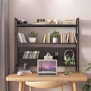 2-Tier Wrought Iron Desktop Bookshelf - Industrial Computer Desk Desktop Shelf, Office Desktop Organizer with Perforated Board, Living Room Metal Desktop Display Stand (Color : Black, Siz