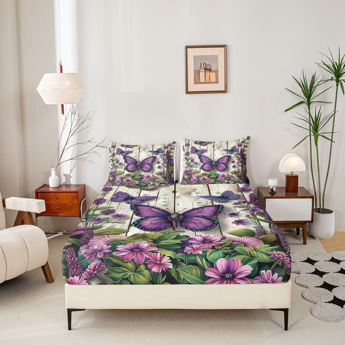 Manfei Sábana bajera ajustable con diseño de mariposas, tamaño King, juego de ropa de cama de flores rústicas, 3 piezas, estilo primaveral, con 2 fundas de almohada, decoración de habitación de niños