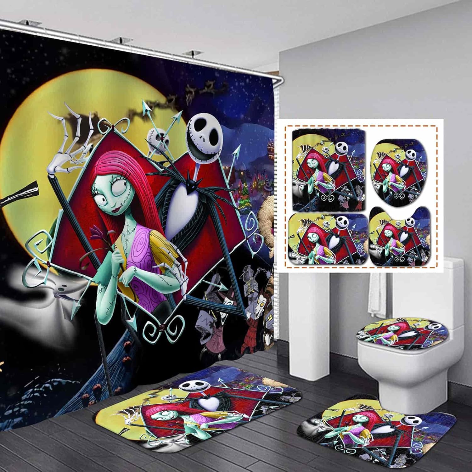 LAYINUSG 4Pcs Nightmare Before Christmas Shower Curtain Set with NonSlip Rugs