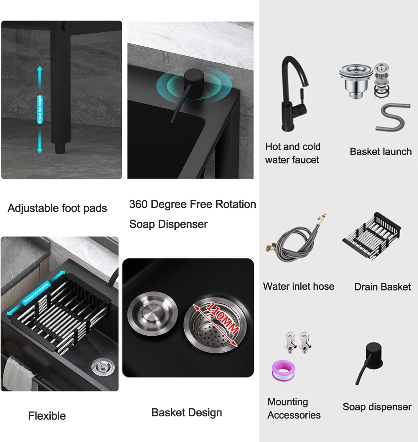 Black Utility Sinks for a Laundry Room,Freestanding Stainless Steel Commercial Kitchen Sink,Hand washing station 1 Compartment with Faucet,for Garage,Restaurant,Kitchen,Laundry Room,Indoor Outdoor ( C