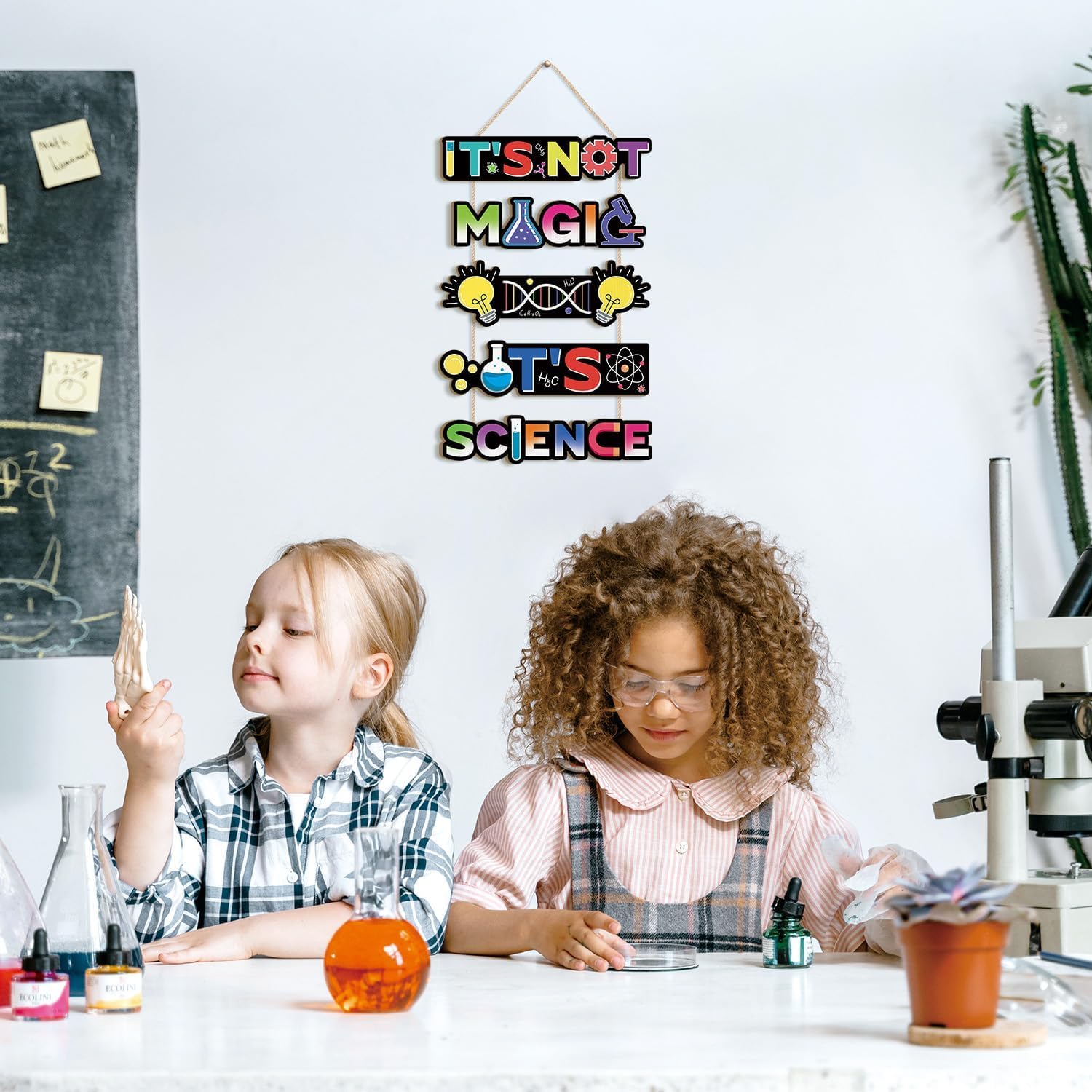 HPNIUB Inspirational Science Lab Classroom Wooden Wall Art, It’s Not Magic It’s Science Sign Hanging Plaque - Image 3