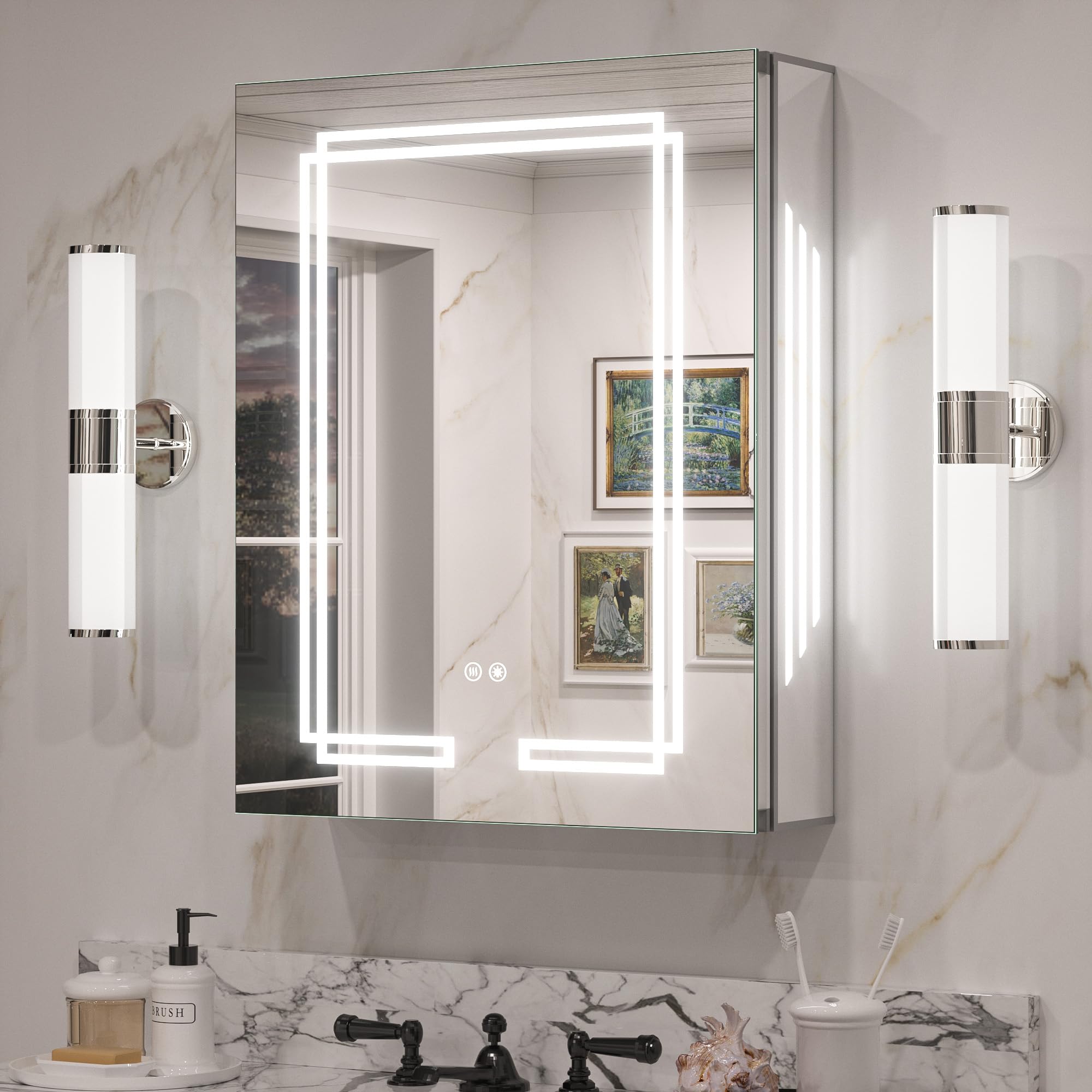 TETOTE Medicine Cabinet Bathroom LED Mirror 20x26 Inch 3 Colors Stepless Dimming Anti-Fog Memory Funtion Surface Recessed Wall Mounted Medicine Cabinets