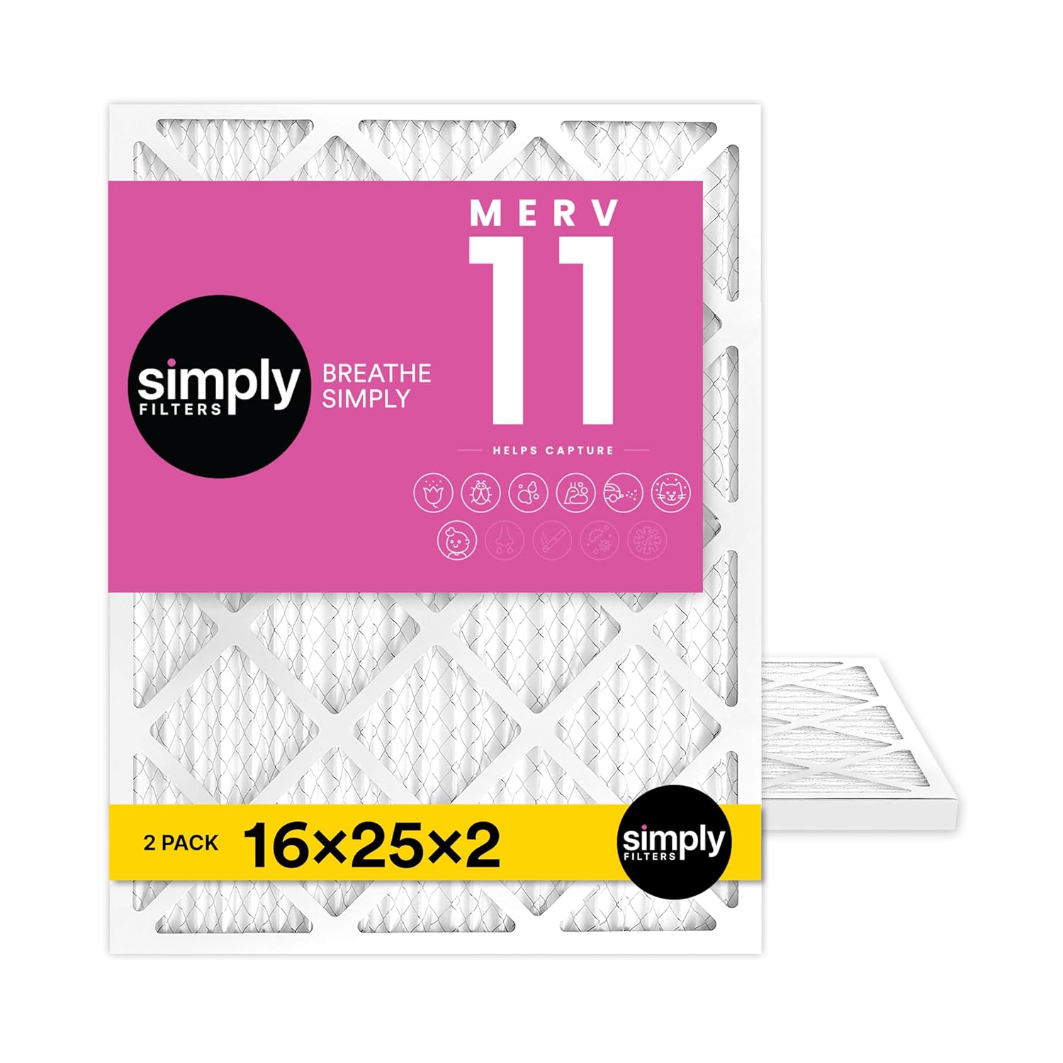 Simply 16x25x2 Air Filter, MERV 11, MPR 1000, 2 Pack, Furnace Air Filter for HVAC (Actual Size: 15.5"x24.5"x1.75") DUST, Pet & Allergy Control