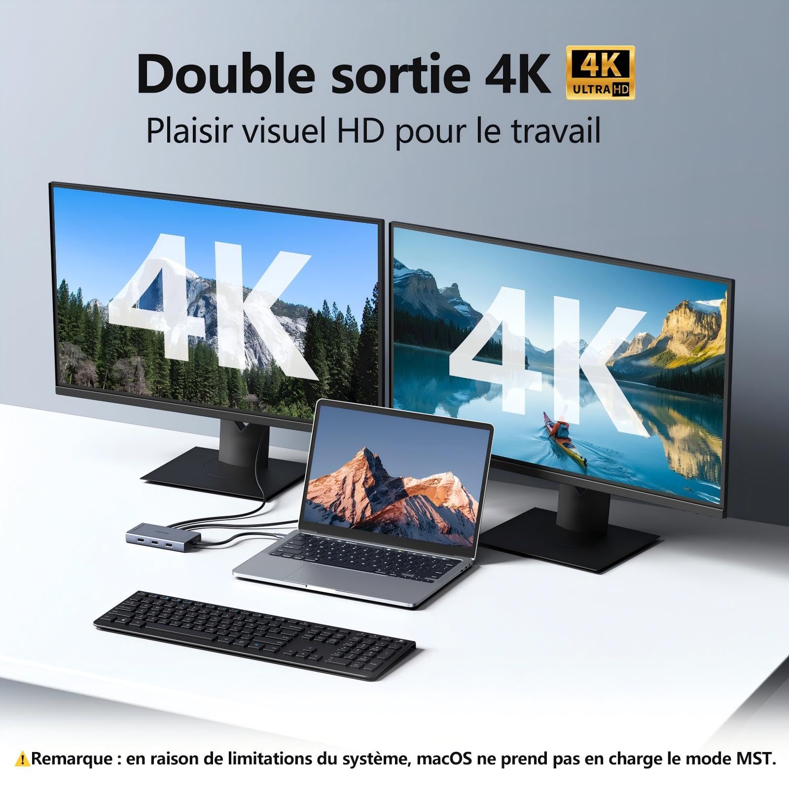 Dock USB C Double Moniteur, 9 en 1 Station d'accueil USB C Dual HMDI 4K 60Hz et 8K Displayport, VGA, PD 100W, USBC, USB 3.0, 2*USB 2.0, Docking Staion Hub USB C pour MacBook Dell HP Windows Microsoft