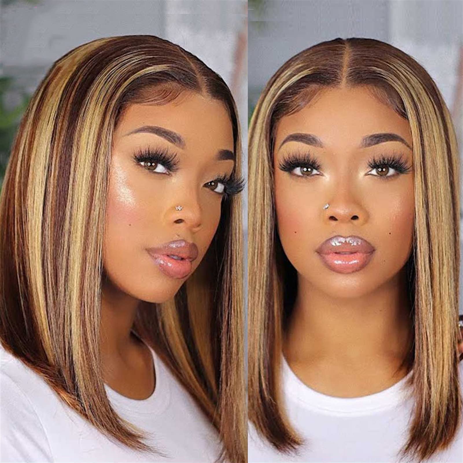 Damskie peruki brazylijskie 13x1 pasemko krótkie peruki bob 8-16 cali Honey Brown-przezroczyste T część koronkowa przód Bob peruki ludzkie włosy peruki dla kobiet Beauty Ladieshair (kolor: HL4-27 13X1
