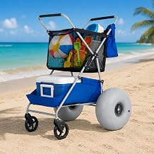 16 Balloon Wheel Beach Cart, Upright Stroller Wheeler with Big Wheels for Sand, Two-Zone Storage with Steel Bottom, Folds Flat with Quick-Release Design, Holds 4 Folding Chairs