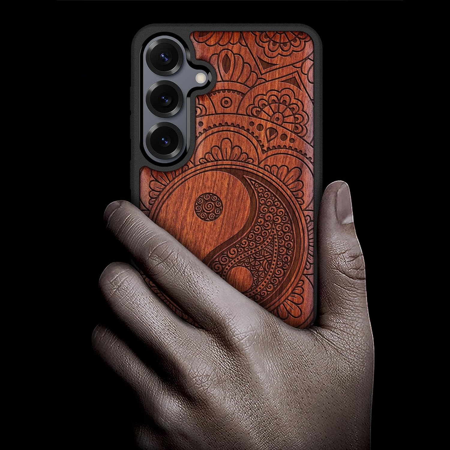 Carveit Magnetic Wooden Case for Galaxy S25+ Samsung S25 Plus Case, TPU Shockproof Cover & Wood Engraved, Compatible with MagSafe Wireless Chargers (Yin-Yang Mandala) Rosy