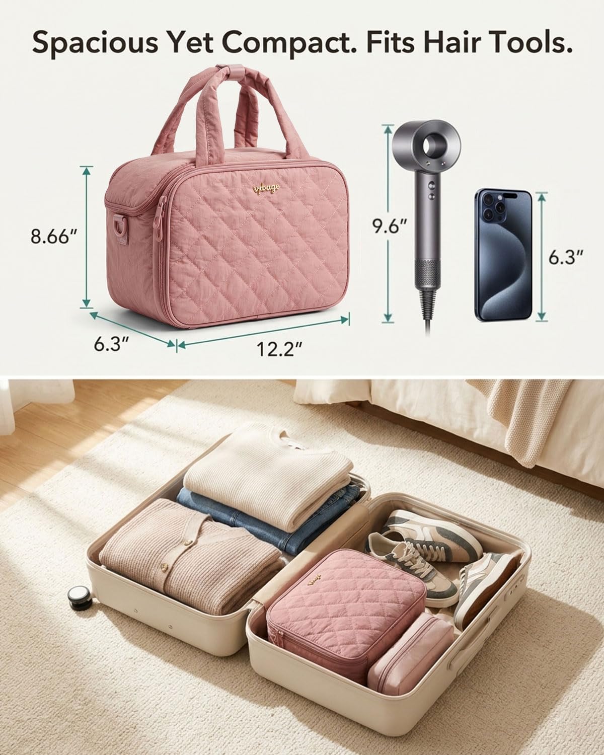 VPBAGE Large Quilted Toiletry Bag for Women, Puffy Travel Makeup Organizer with Removable Divider & Shoulder Strap, Waterproof Standing Cosmetic Case for Full-Size Toiletries, Gym, Vacation