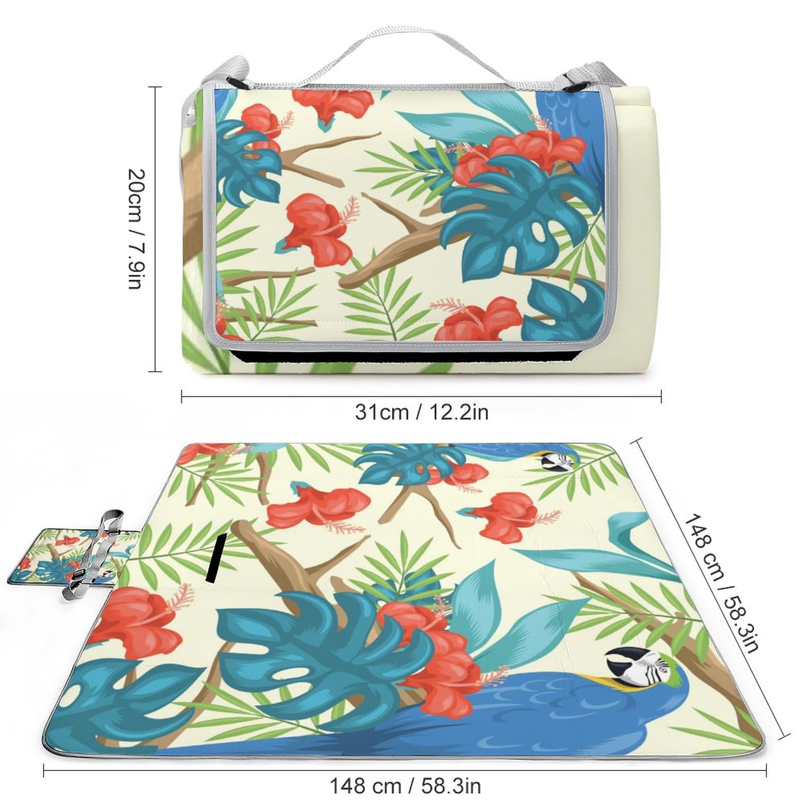 Tropical-Leaves Birds Print Picnic Blanket Waterproof Foldable, Large Outdoor Picnic Blanket Beach Blankets Camping Blanket Travel Mat, Shoulder Strap Tote, Rectangle 58x58in