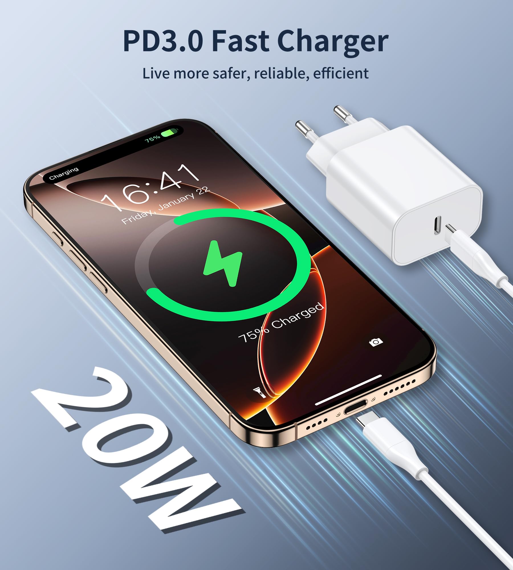 20W USB C Adapter 1-Pack,20W Caricabatterie USB C Progettato Appositamente per i-Phone Fast Charger Type C con i-Phone 16/15/14/13/12 Plus Pro Max Mini,Samsung Galaxy S24/23/22 Caricabatteria USB C