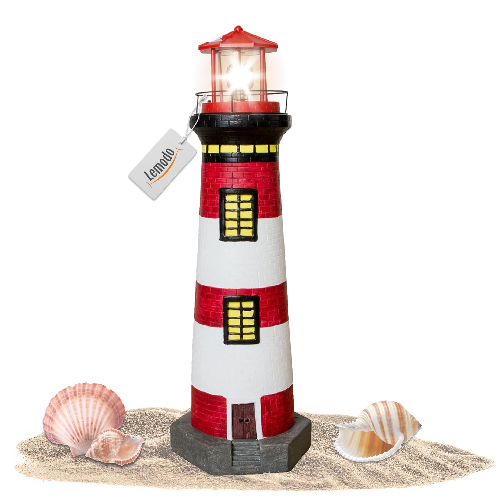 NATIV LEMODO Gartendeko Leuchtturm 83cm hoch | Handbemalte Gartenfigur mit solarbetriebenem, rotierendem Leuchtfeuer | Maritime Außendeko mit LED Beleuchtung