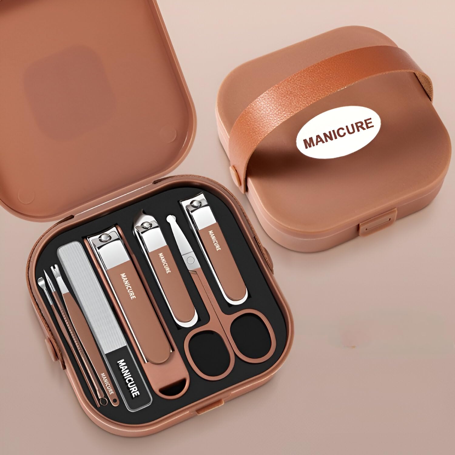 Jeyux 8-Piece Professional Manicure Pedicure Kit, Nail Cutter Set, Portable Nail Art Kit, Nail Care Set with Nail Filer, Face Scissor, Ear Spoon, Round Nail Clipper, and Oblique Nail Cutter (Brown)
