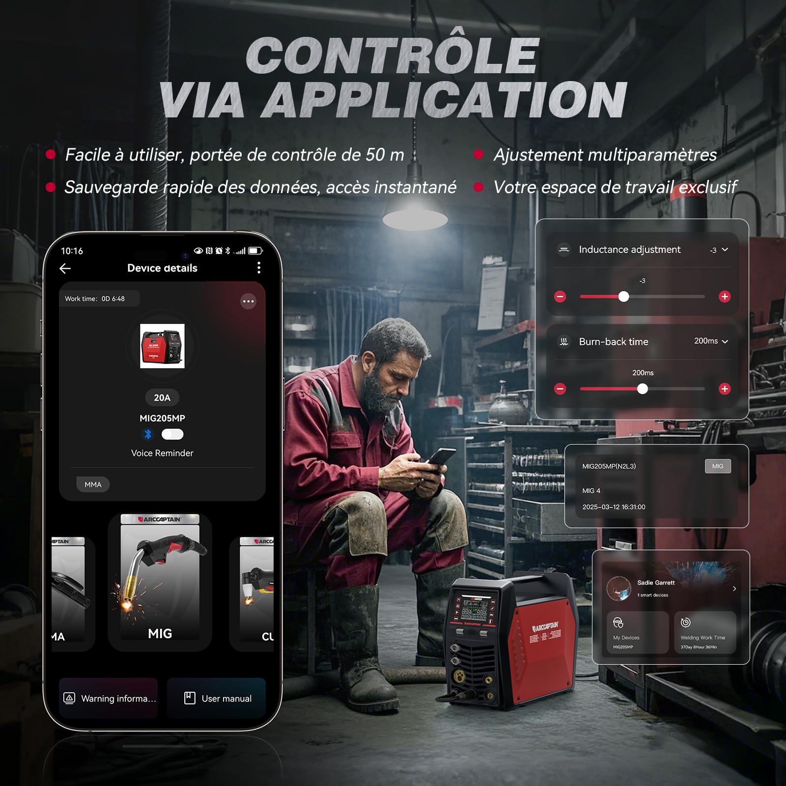 ARCCAPTAIN MIG205MP Soudeuse 9‑en‑1 avec contrôle App iControl/Plasmasoudage/MIG pulsé/Flux Core/Spool Gun/DC HF/Lift TIG/Clean/MMA pour aluminium 230 V multi‑processus
