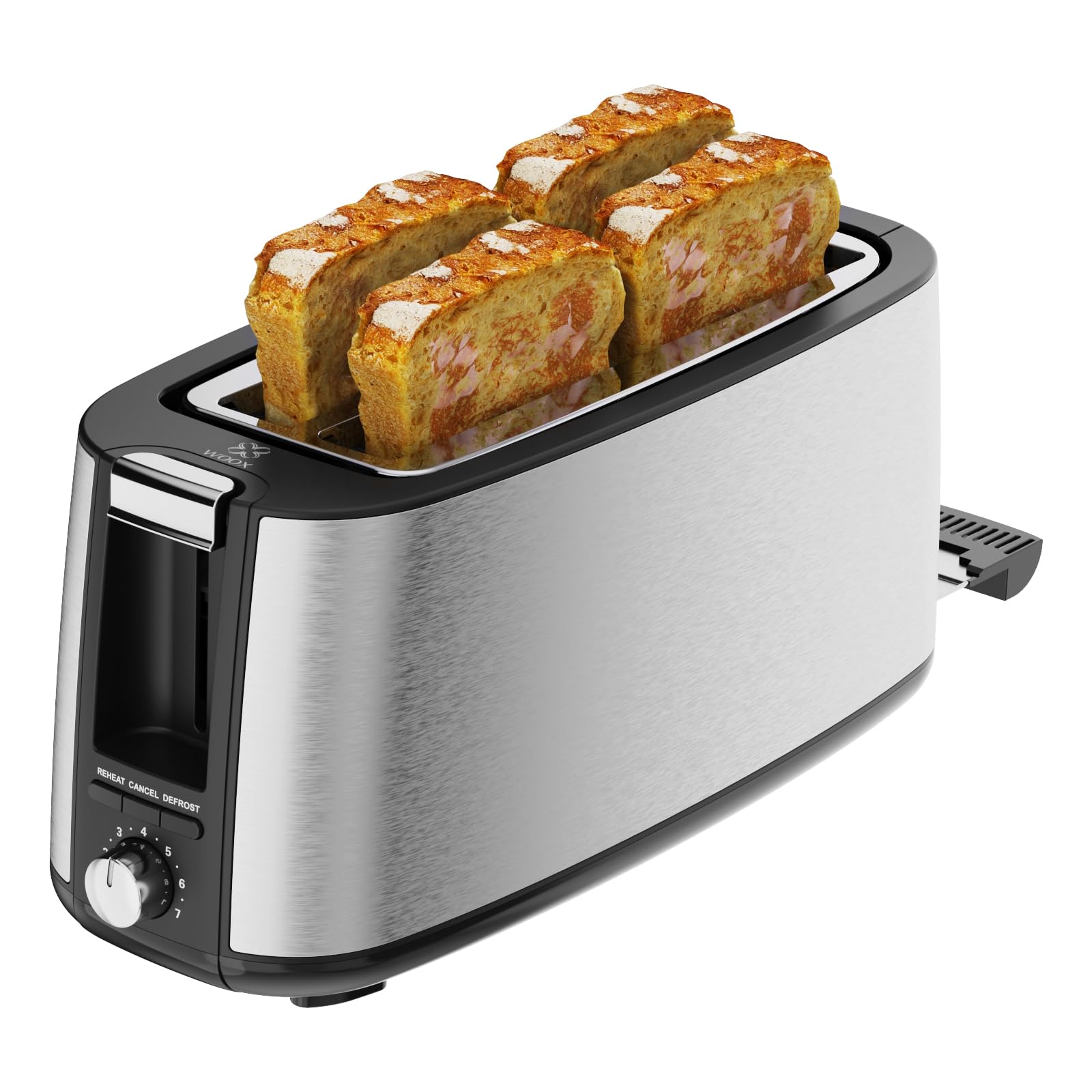 WOOX Tostador 4 rebanadas con cajón de migas extraíble, ranuras largas, función recalentar y recrispado, 7 niveles de tostado, 1400W, tostador acero inoxidable mate - Pan tostado, bagels y gofres