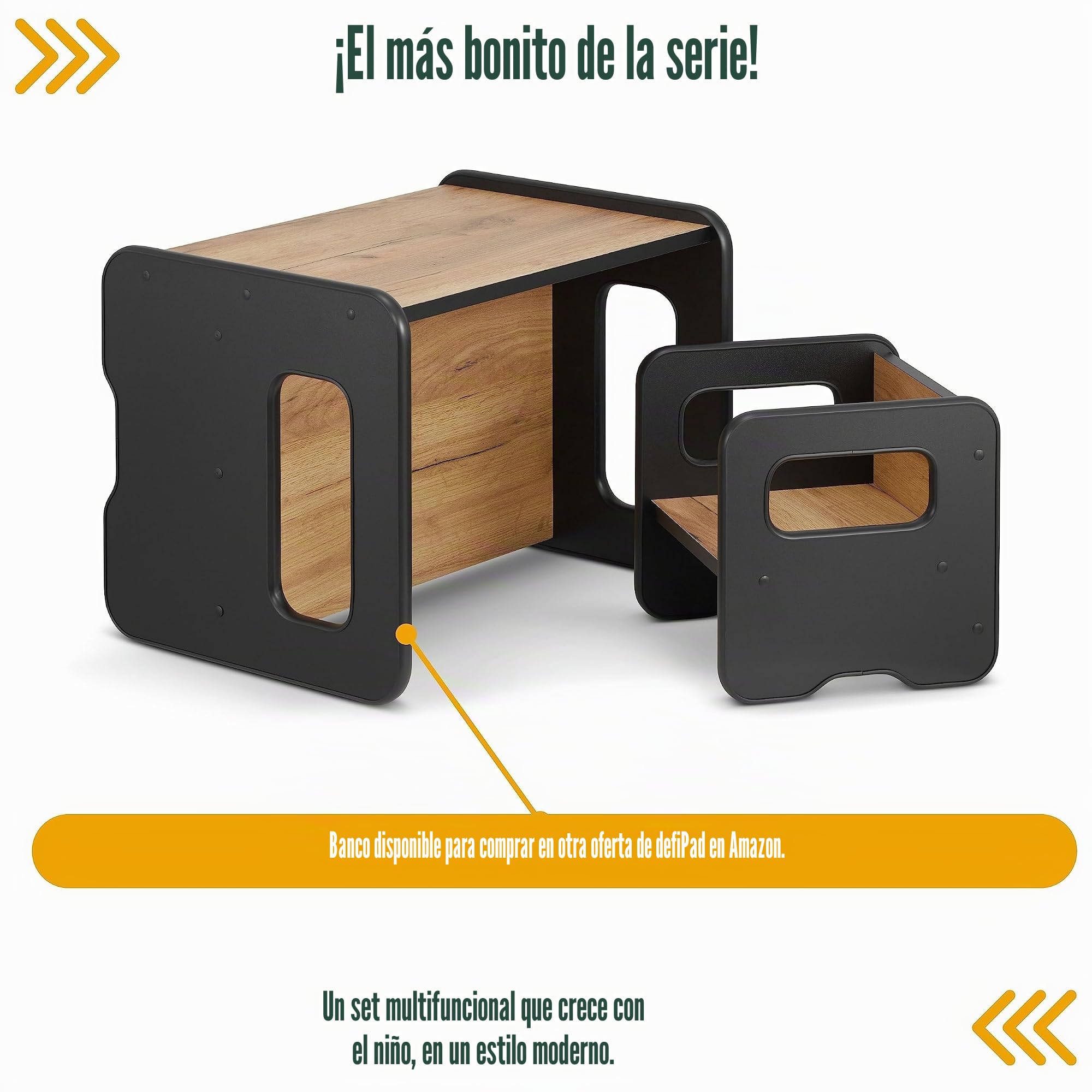 Taburete infantil de madera doble cara convertible en mesa - Negro y Roble