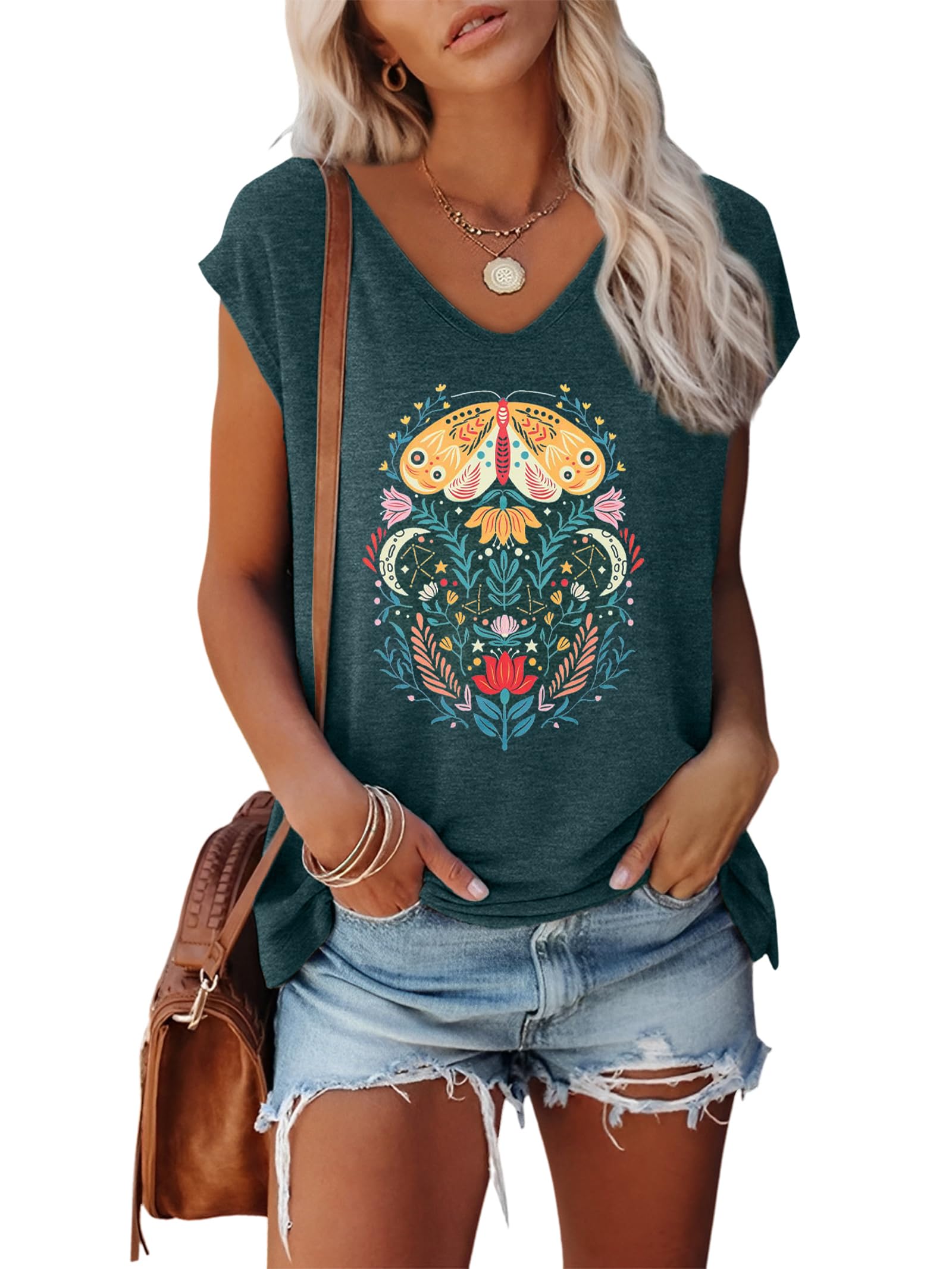 Anbech Cap Sleeve Tops Women Graphic V Neck Shirt Solid Print Casual T-Shirts