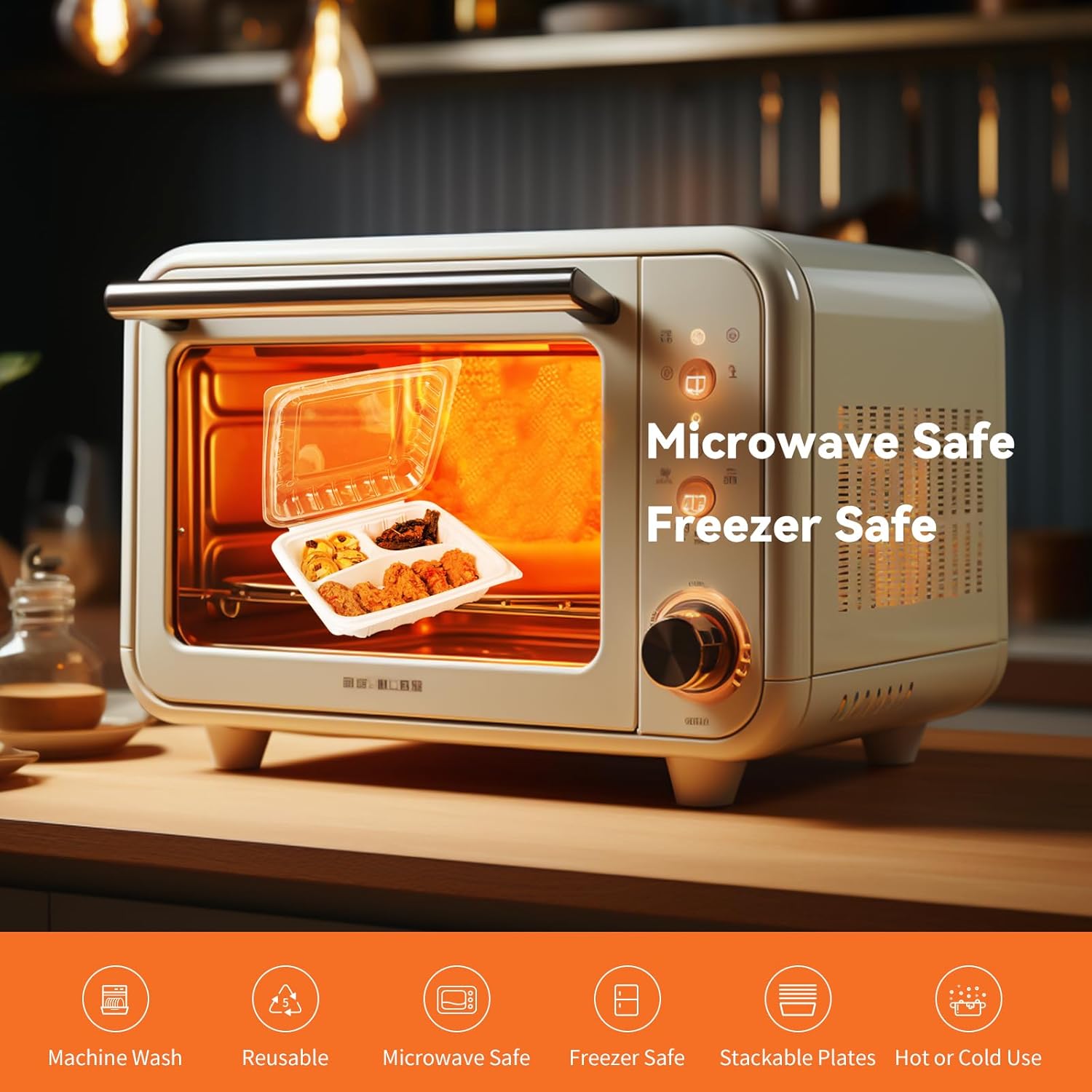 To Go Containers, Reusable Anti Fog Clamshell Food Containers BPA Free 8X8 inch 3 Compartment White Clear To Go Boxes Microwave Freezer Safe 34oz (25 of pack)
