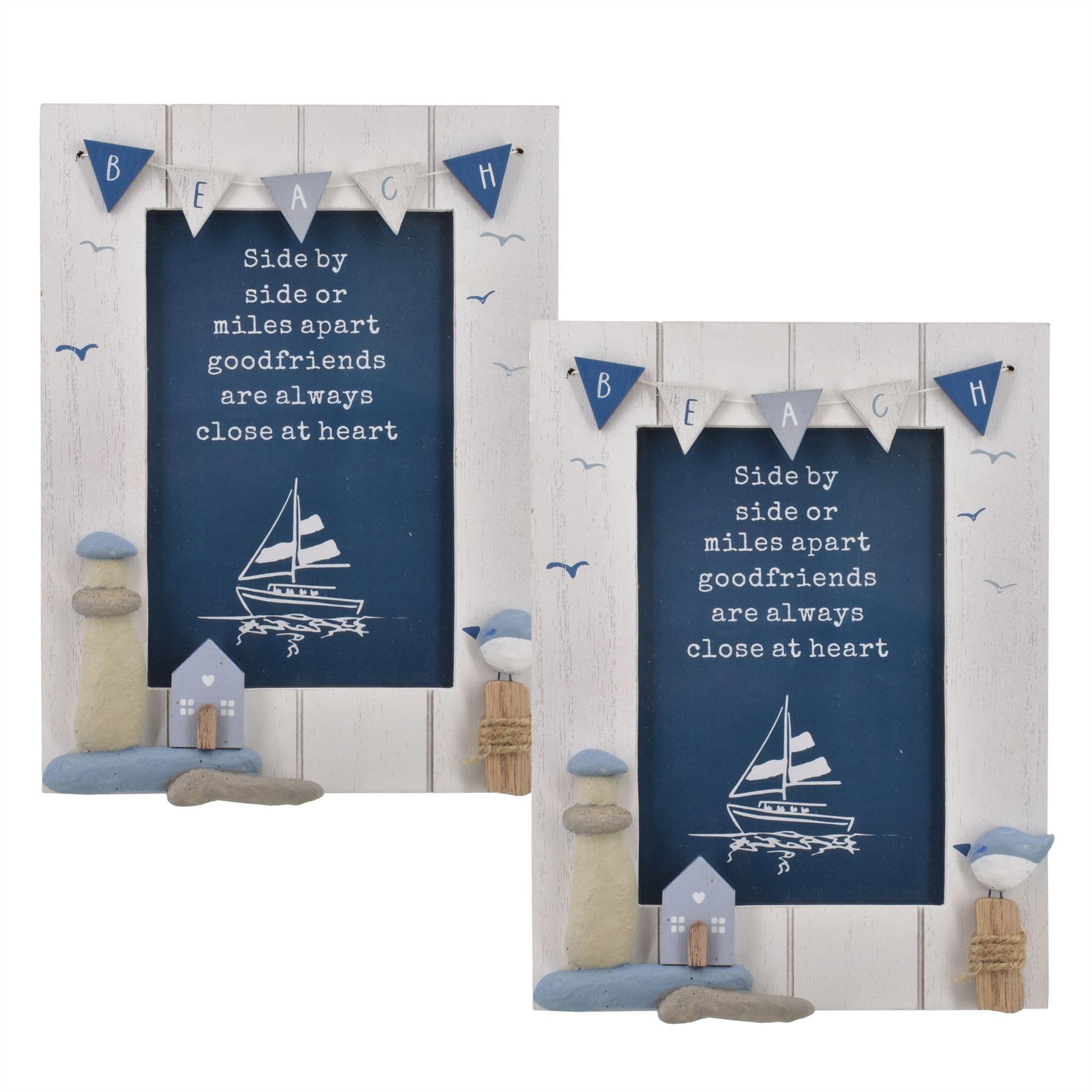 Carousel Home White Set Of 2 Nautical 4X6 Photo Frames | 6X4 Coastal Beach Wooden Picture Frames With Bunting, Lighthouse & Seaside Detail
